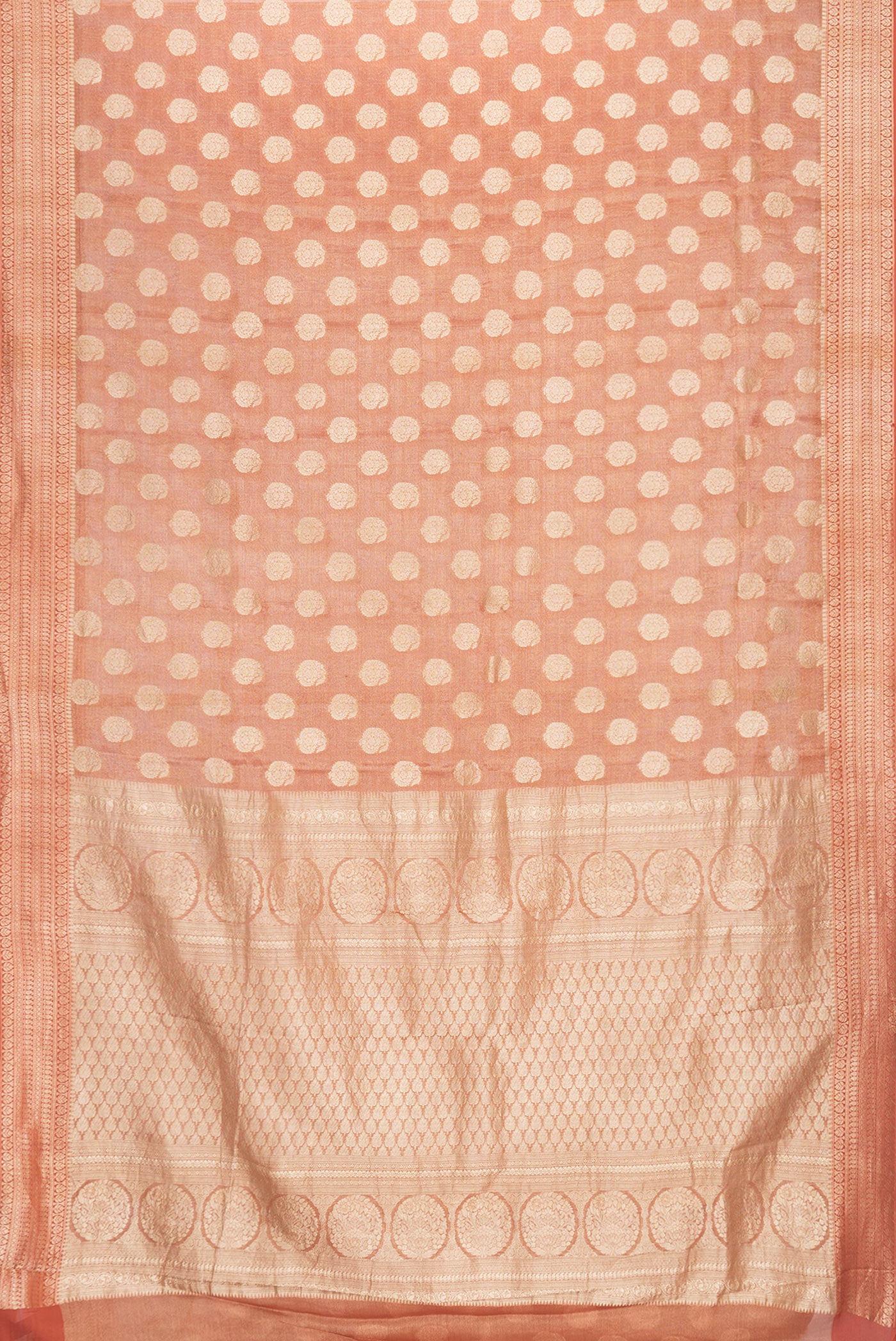 Flat view of Brick Orange Dual Tone Mysore Georgette Saree with Zari Brocade on the body and Zari Border. 