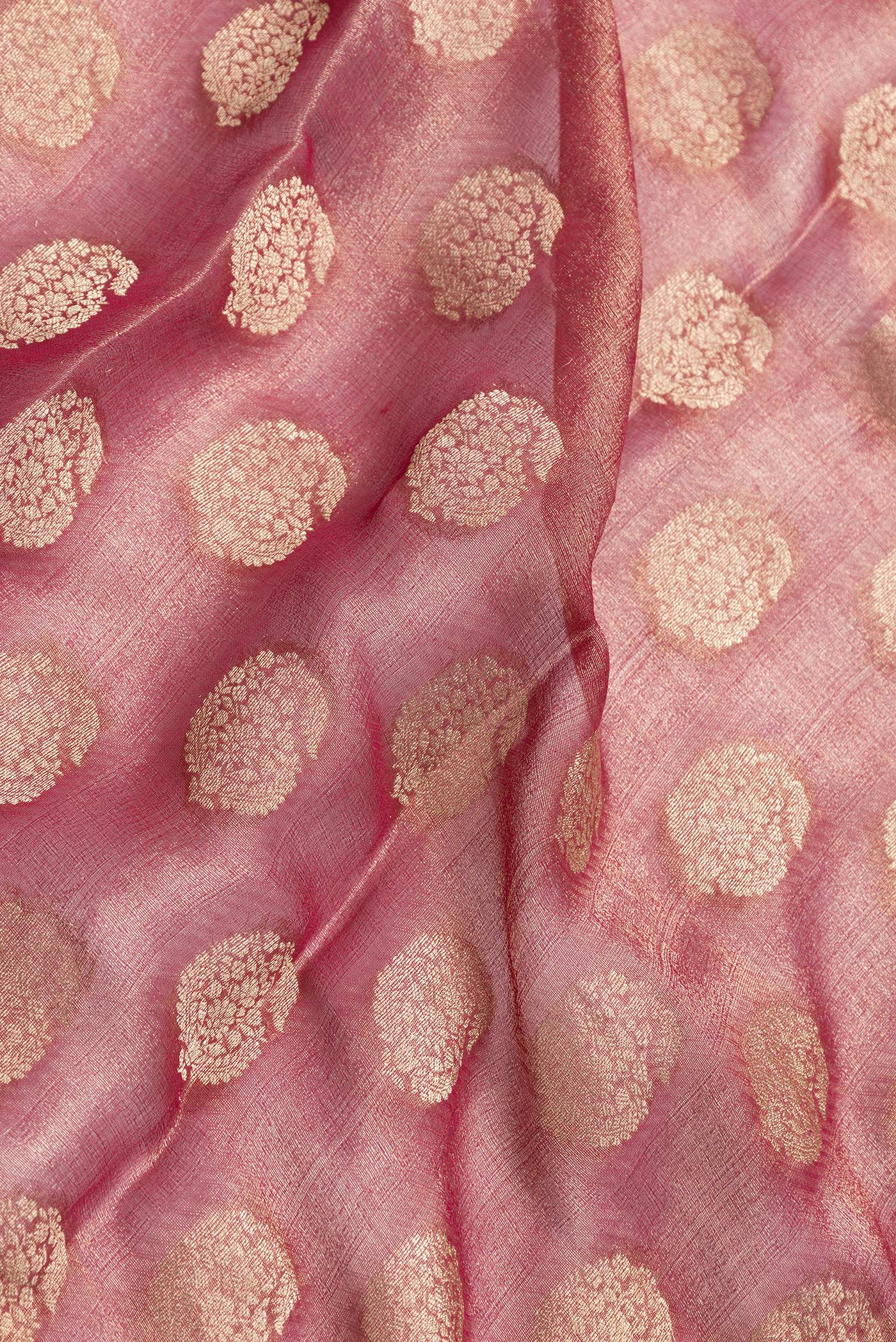 Close up of Pink Dual Tone Mysore Georgette Saree with Zari Brocade on the body and Zari Border.  displaying folds