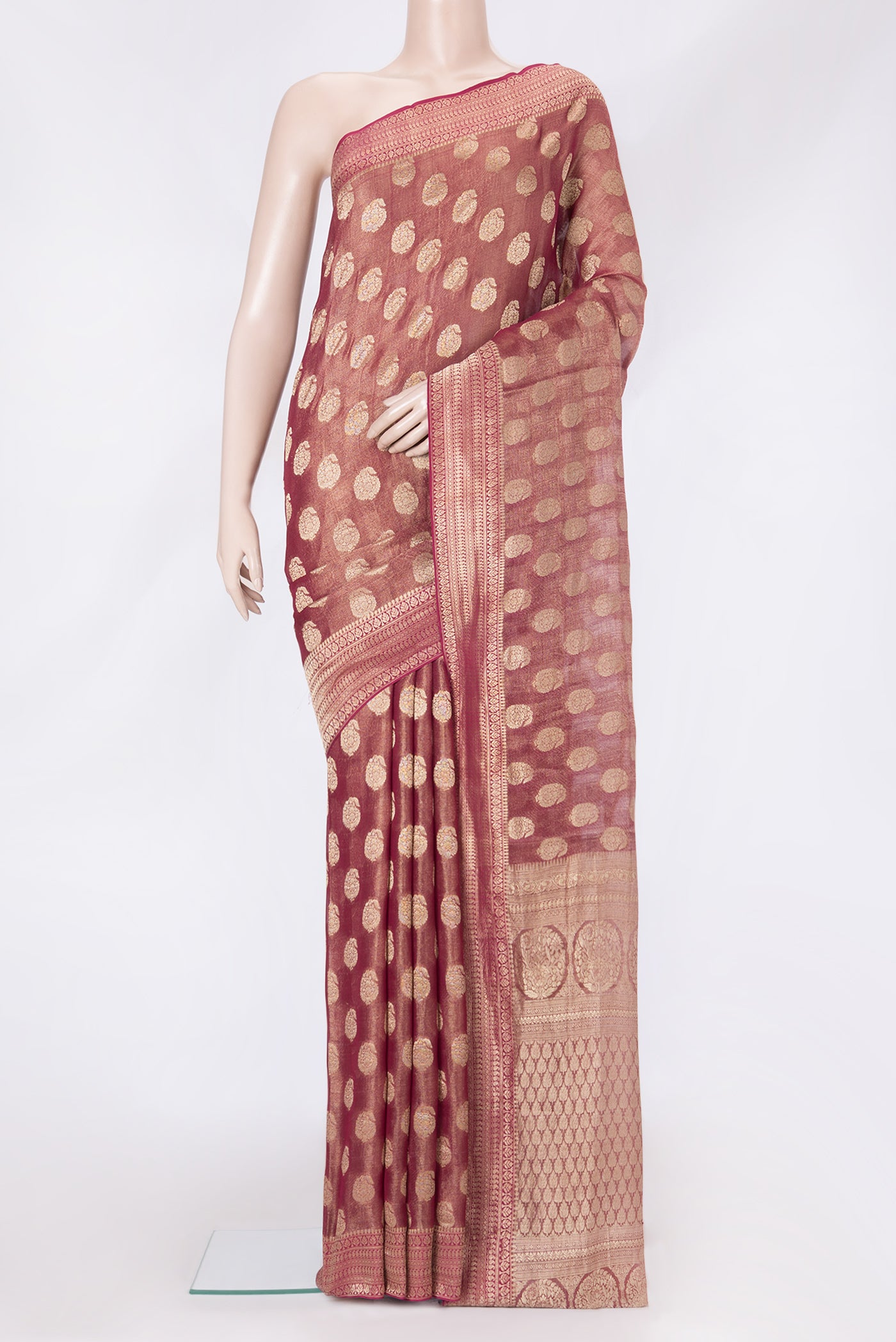 Pink Dual Tone Mysore Georgette Saree with Zari Brocade on the body and Zari Border.  displayed on a mannequin