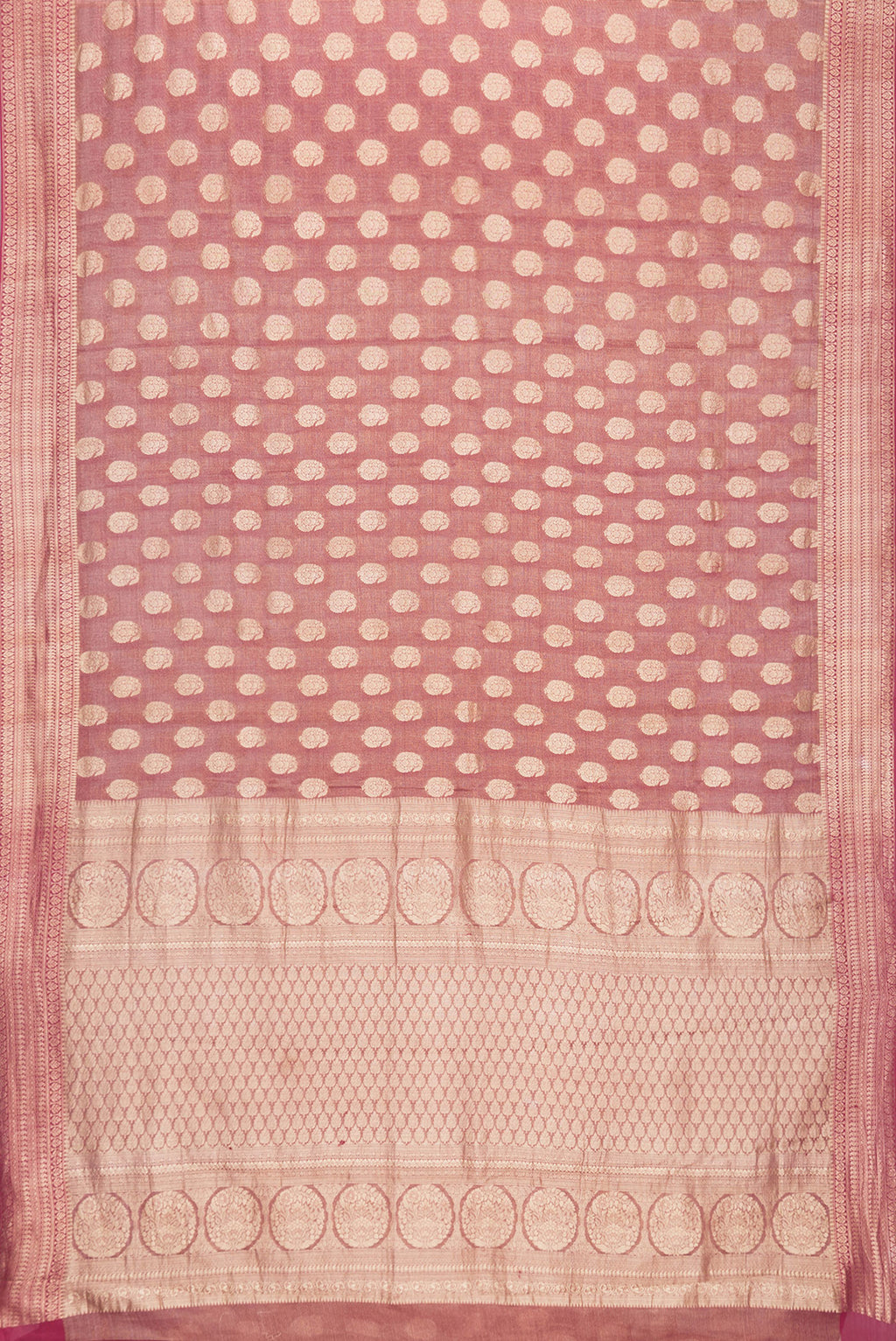 Flat view of Pink Dual Tone Mysore Georgette Saree with Zari Brocade on the body and Zari Border. 