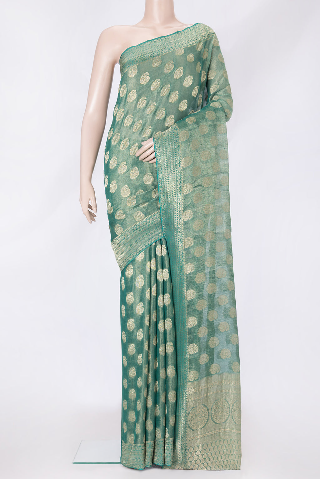 Sea Green Dual Tone Mysore Georgette Saree with Zari Brocade on the body and Zari Border.  displayed on a mannequin