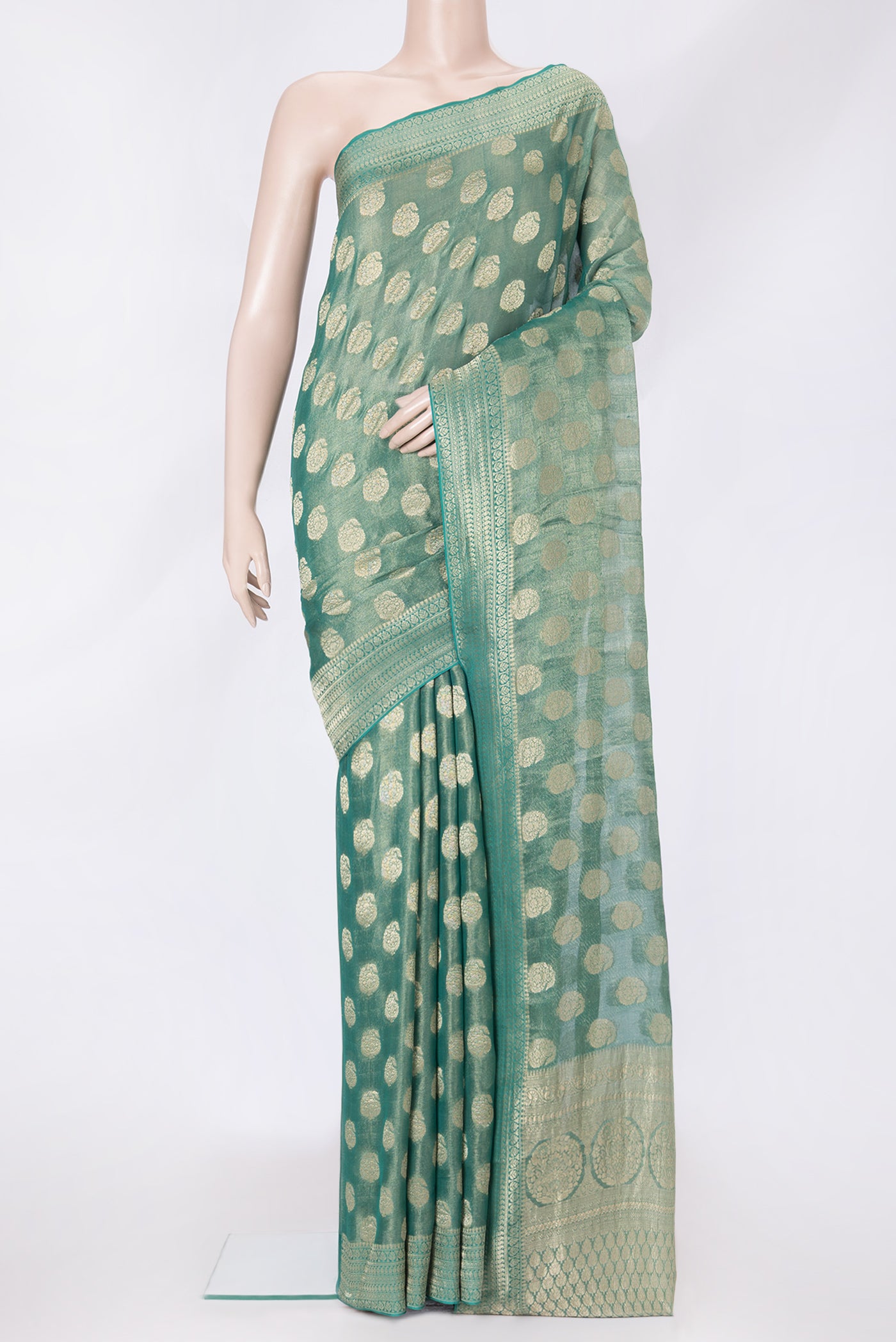 Sea Green Dual Tone Mysore Georgette Saree with Zari Brocade on the body and Zari Border.  displayed on a mannequin