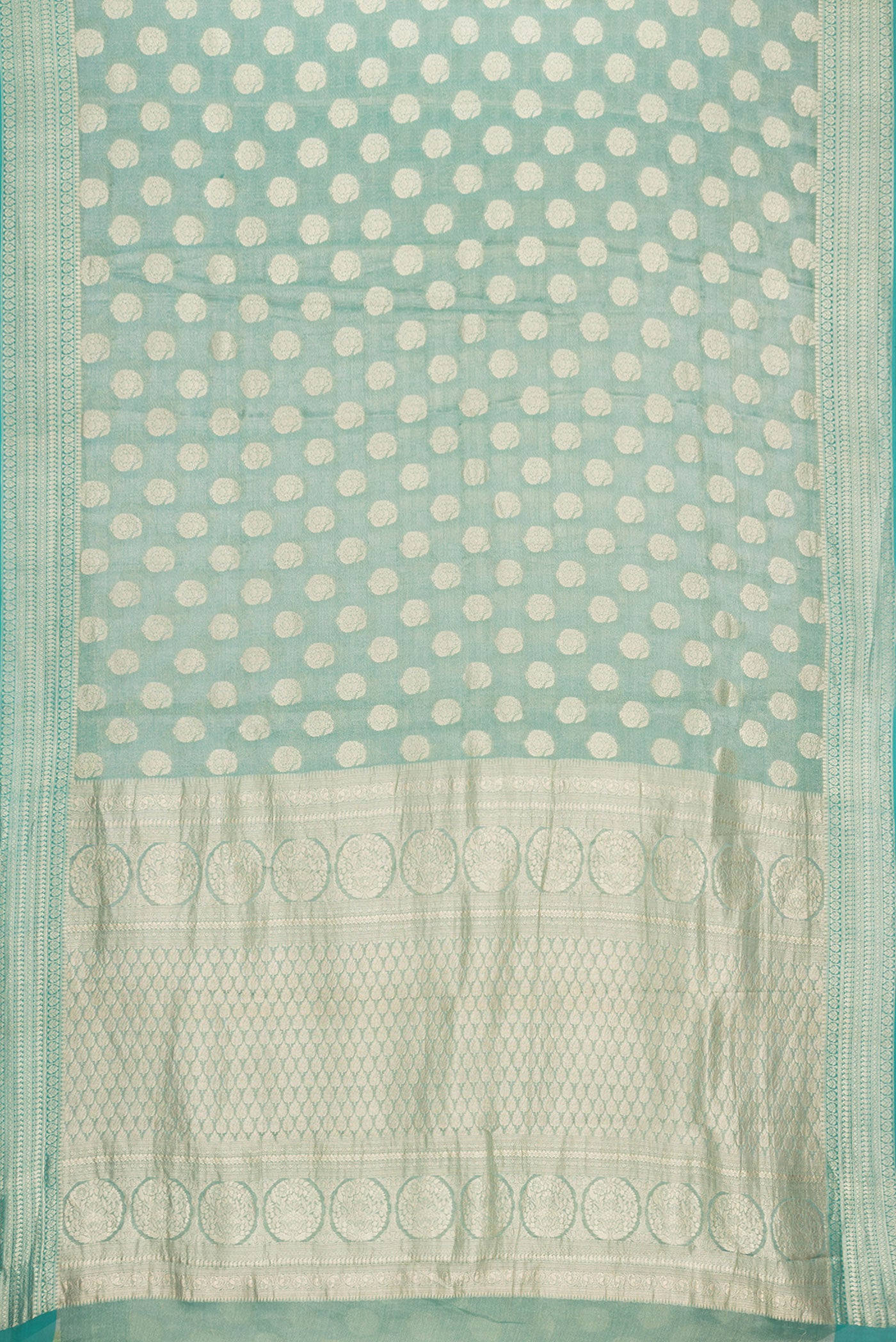 Flat view of Sea Green Dual Tone Mysore Georgette Saree with Zari Brocade on the body and Zari Border. 