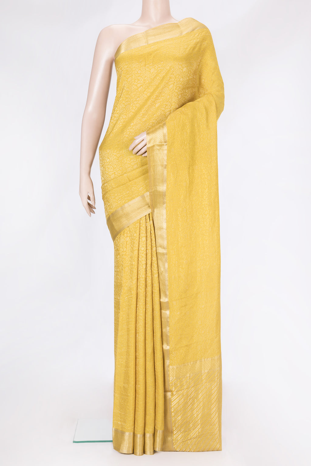 Yellow Dual Tone Georgette Saree with Zari Brocade on the body and Zari Border.  displayed on a mannequin