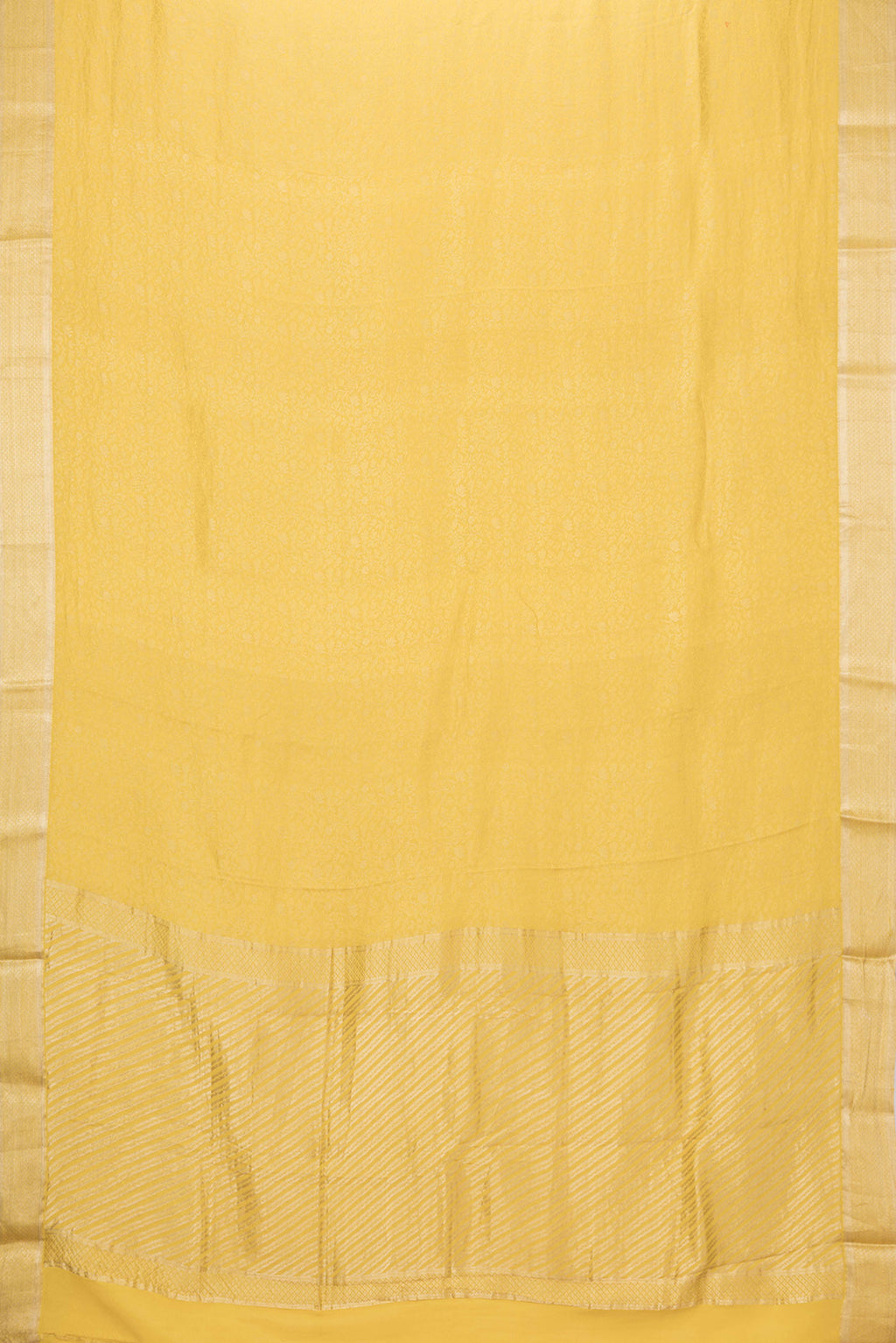 Flat view of Yellow Dual Tone Georgette Saree with Zari Brocade on the body and Zari Border. 