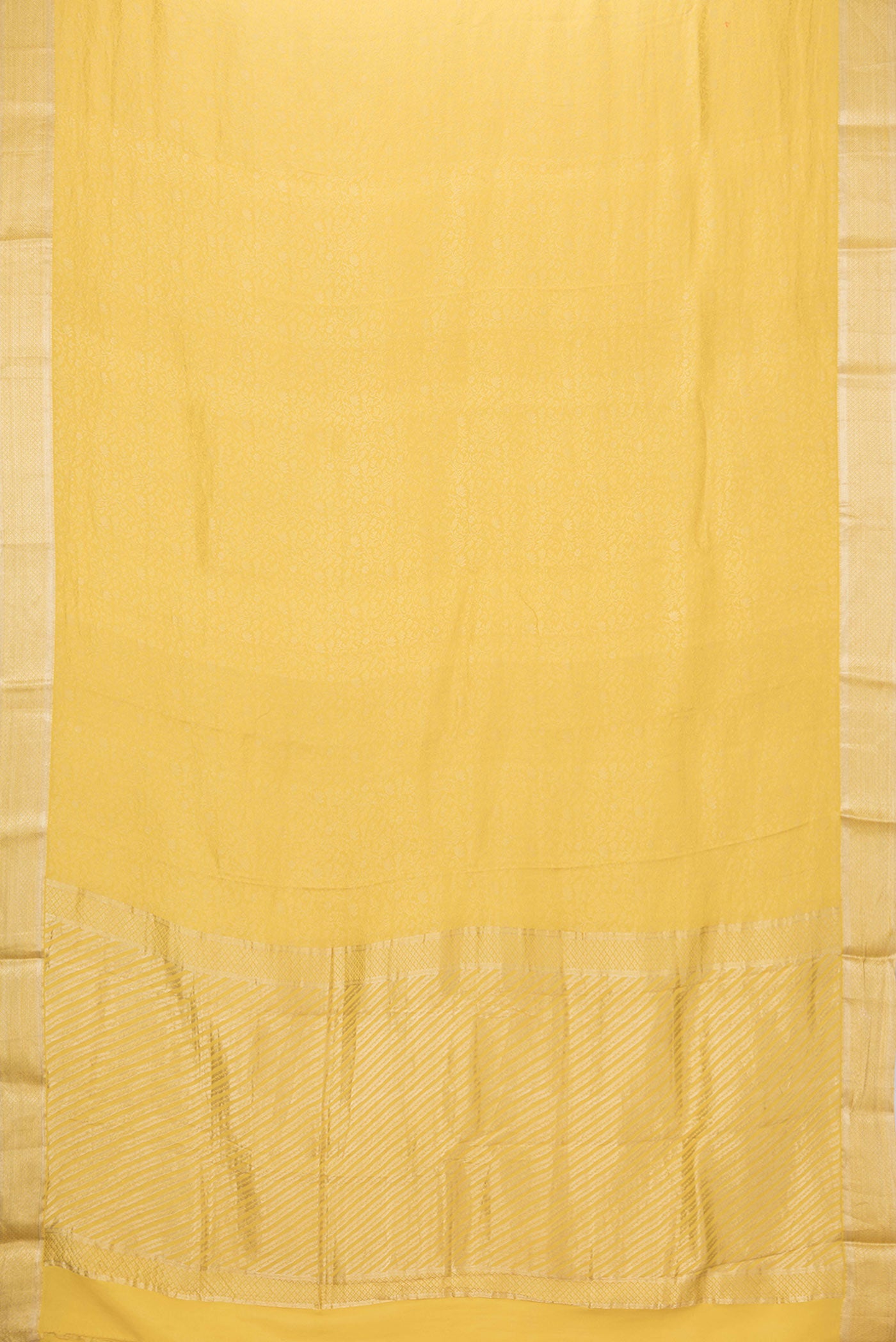 Flat view of Yellow Dual Tone Georgette Saree with Zari Brocade on the body and Zari Border. 