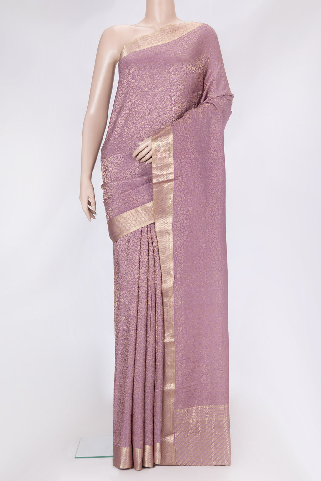 Purple Dual Tone Georgette Saree with Zari Brocade on the body and Zari Border.  displayed on a mannequin