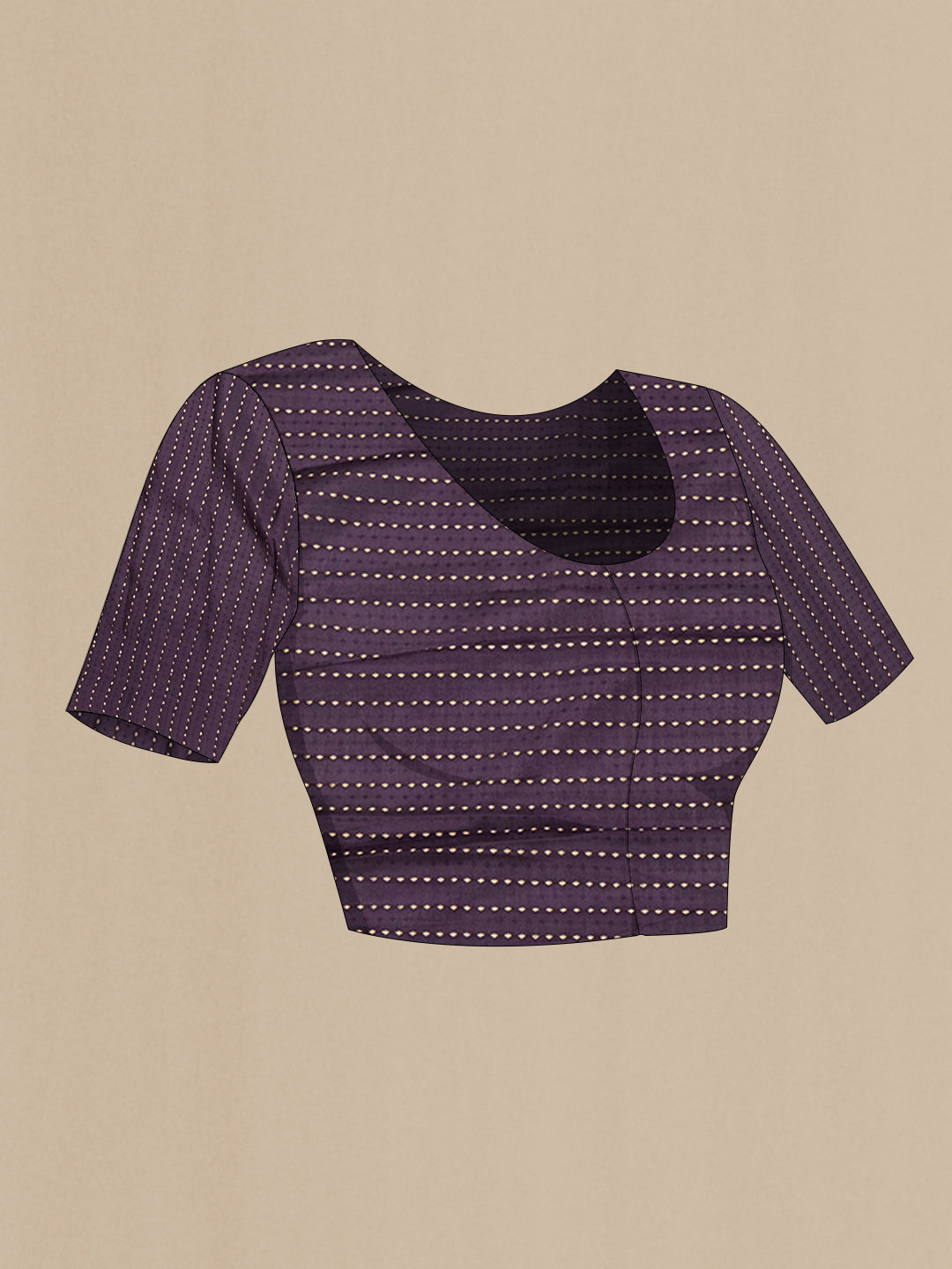 Close up image of the blouse of Purple Mysore Chiffon Saree with Stripes on the body and Zari Border. 