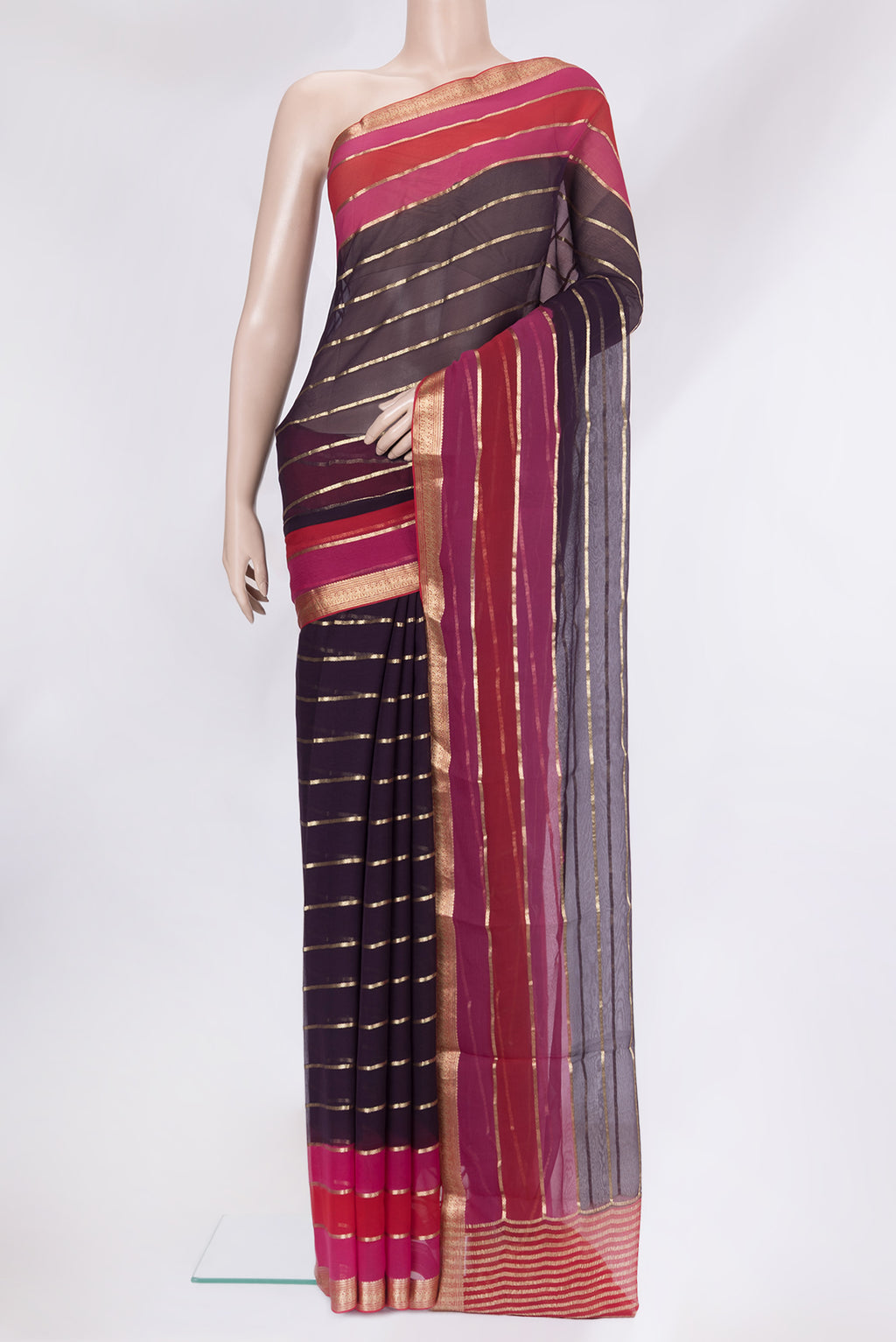 Purple Mysore Chiffon Saree with Stripes on the body and Zari Border.  displayed on a mannequin