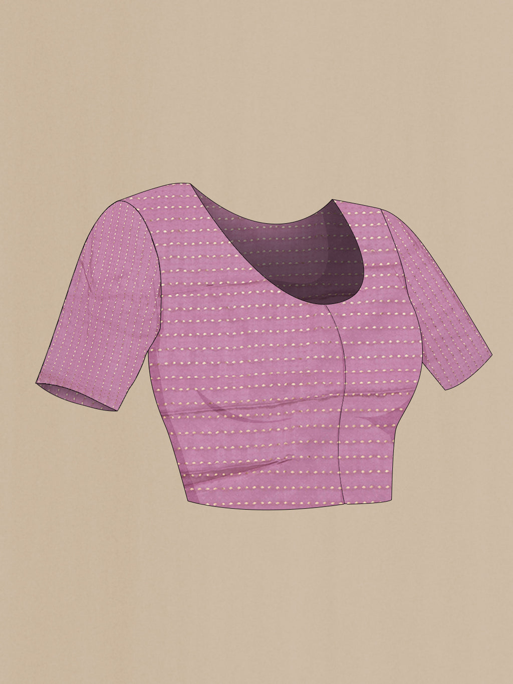 Close up image of the blouse of Lavender Mysore Chiffon Saree with Zari Butta on the body and Zari Border. 
