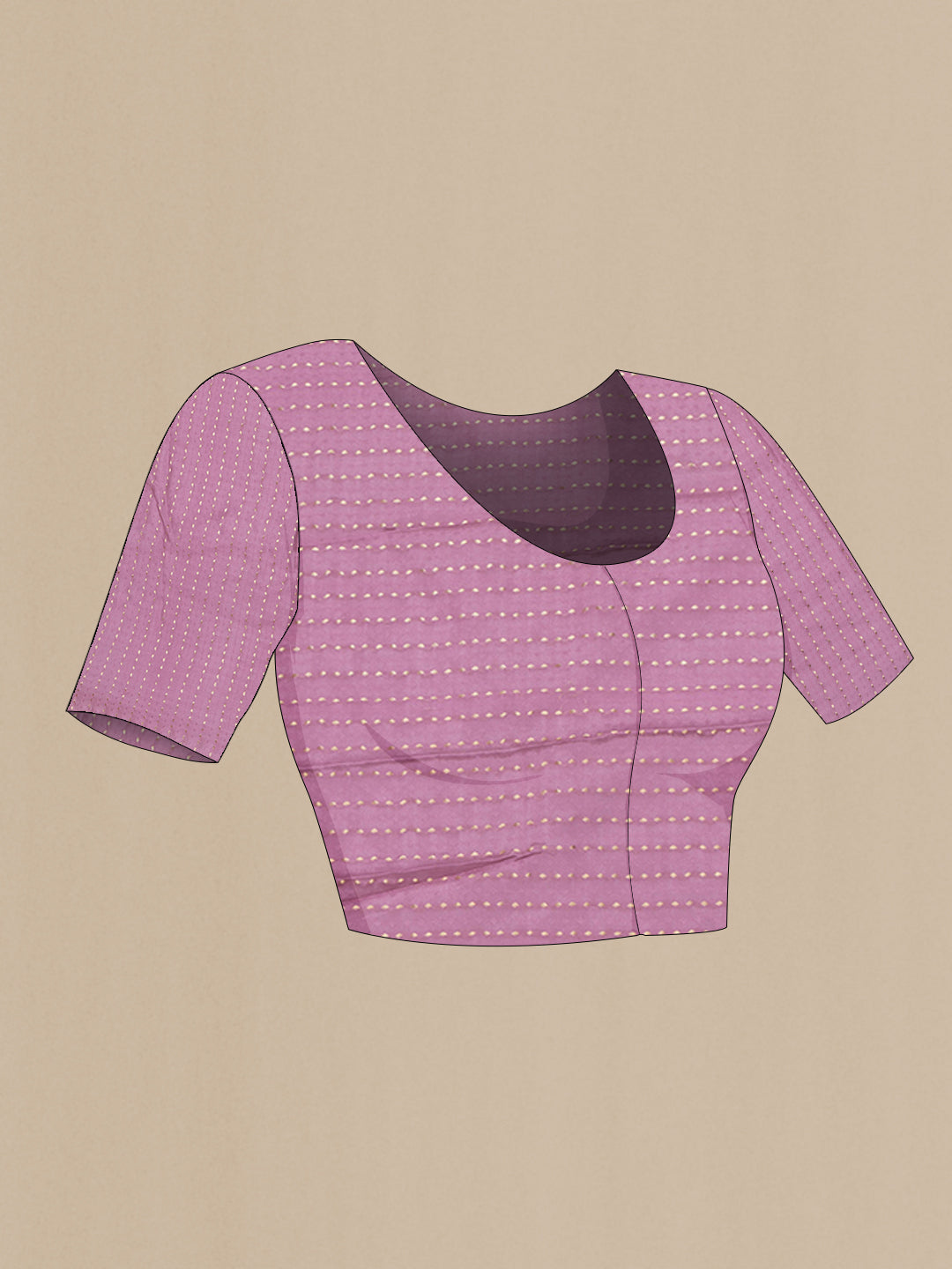 Close up image of the blouse of Lavender Mysore Chiffon Saree with Zari Butta on the body and Zari Border. 