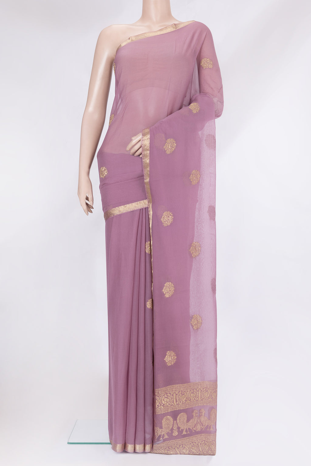 Lavender Mysore Chiffon Saree with Zari Butta on the body and Zari Border.  displayed on a mannequin