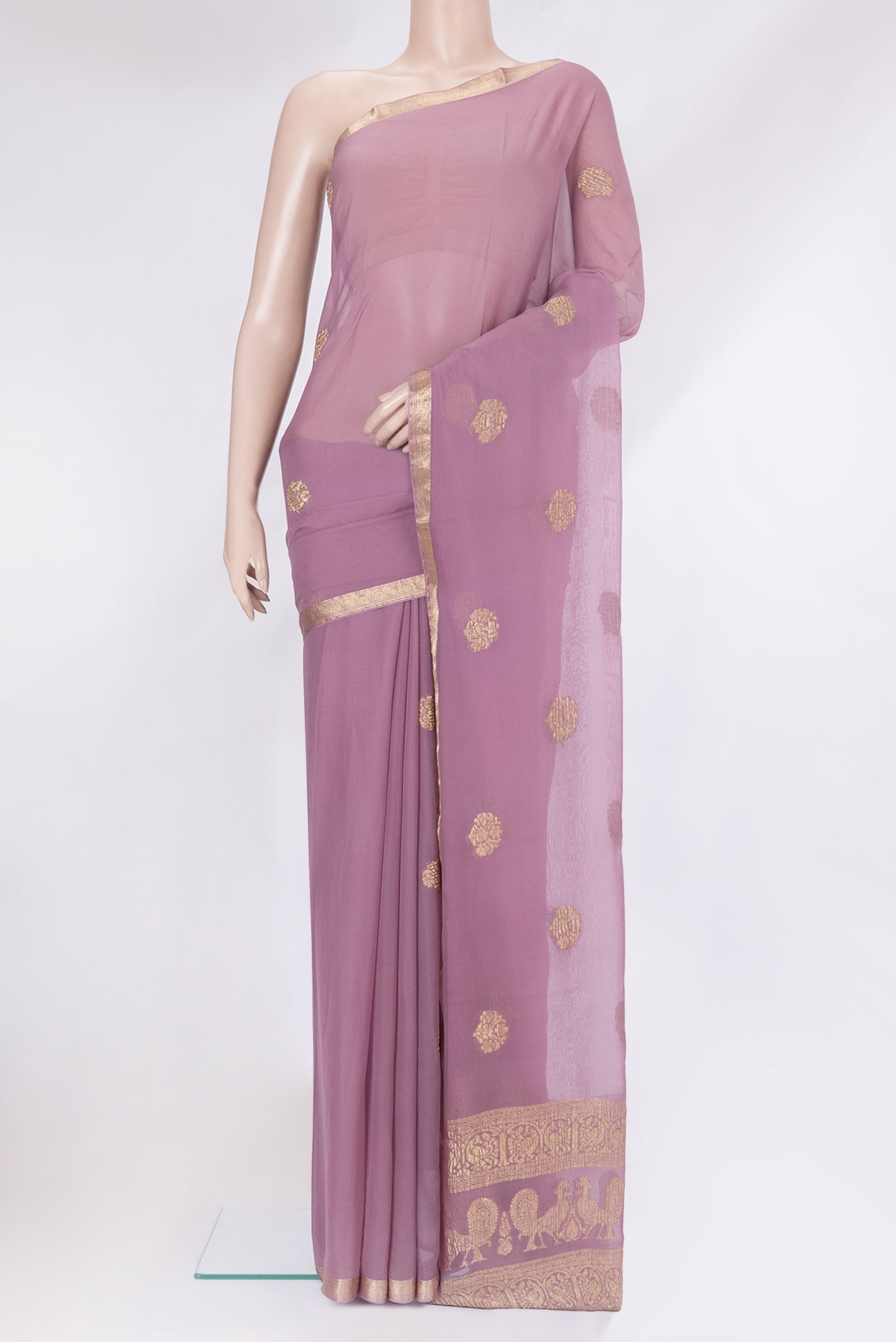 Lavender Mysore Chiffon Saree with Zari Butta on the body and Zari Border.  displayed on a mannequin