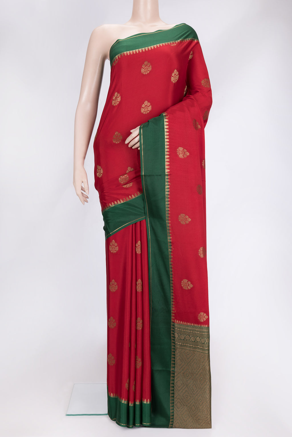 Red Dual Tone Mysore Silk Saree with Zari Butta on the body and Zari Border.  displayed on a mannequin