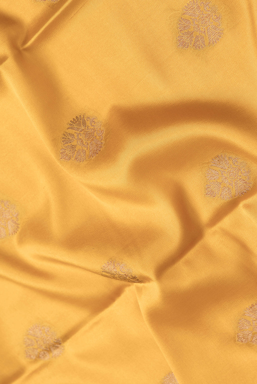 Close up of Mustard Dual Tone Mysore Silk Saree with Zari Butta on the body and Zari Border.  displaying folds