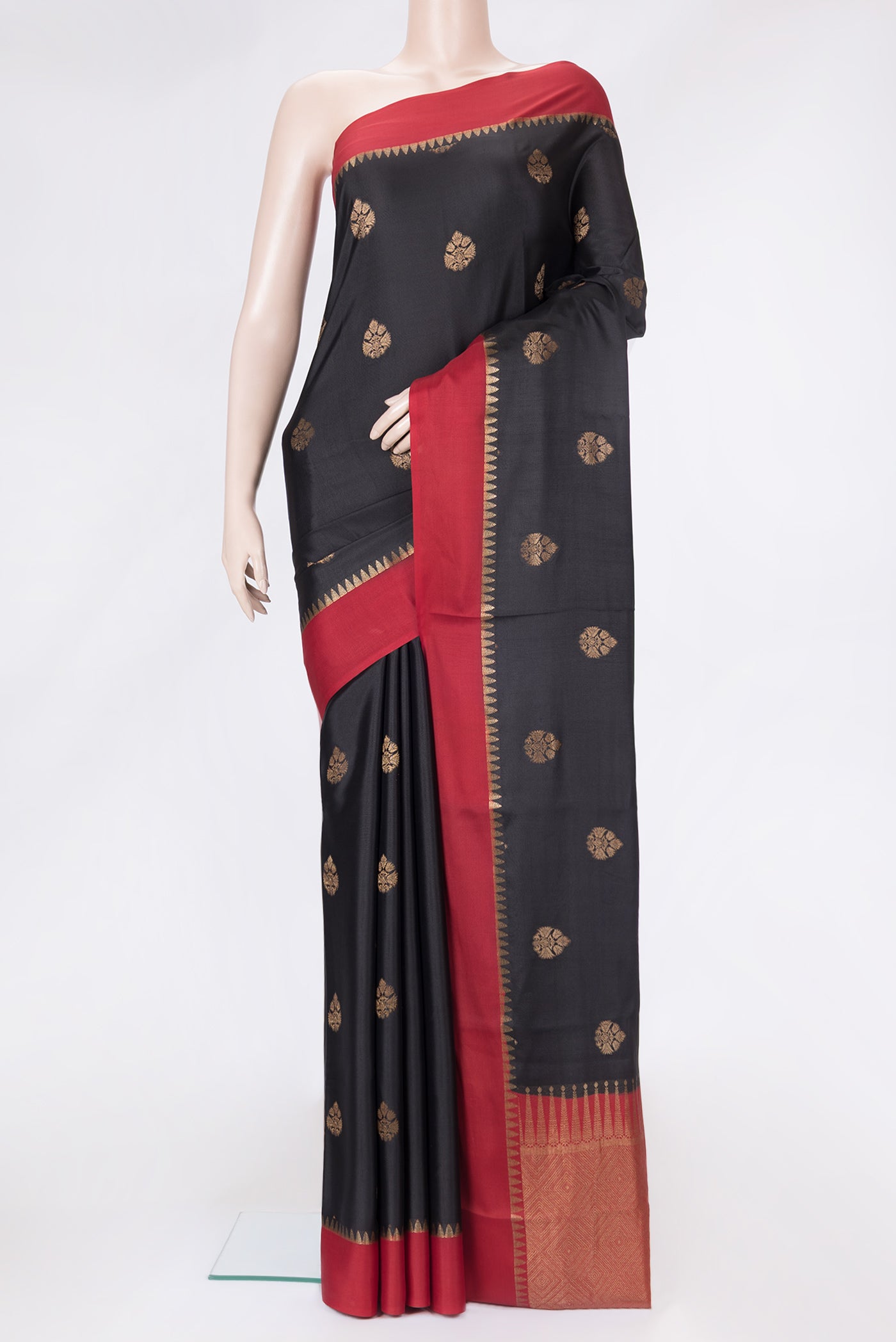 Black Dual Tone Mysore Silk Saree with Zari Butta on the body and Zari Border.  displayed on a mannequin
