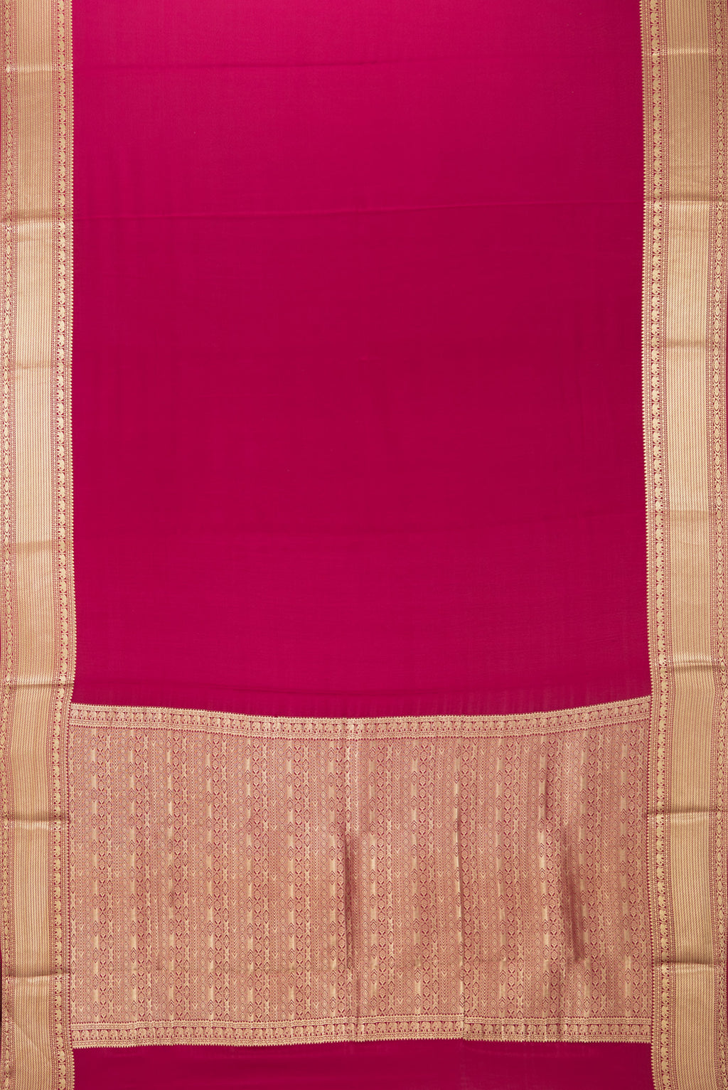 Flat view of Pure Silk Dark Pink Mysore Crepe Saree with Plain Body and Zari Border. 