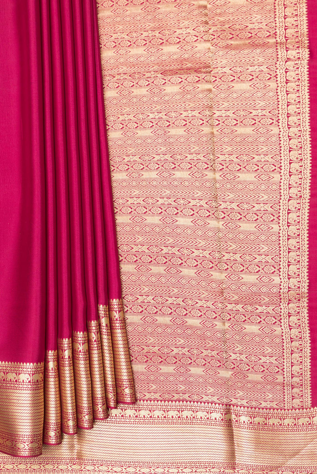 Pleats and pallu of Pure Silk Dark Pink Mysore Crepe Saree with Plain Body and Zari Border. 
