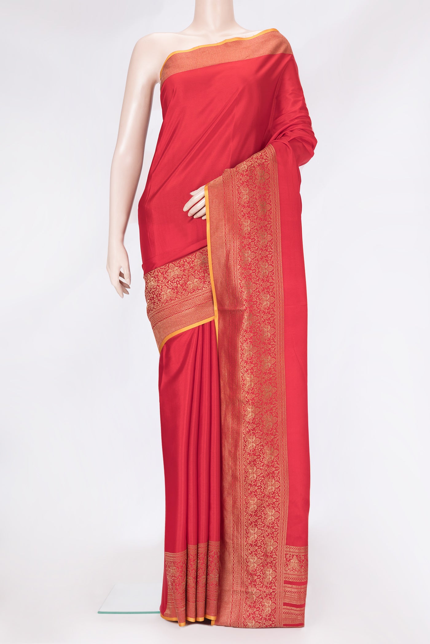 Red Dual Tone Mysore Silk Saree with Plain Body and Fancy Border.  displayed on a mannequin