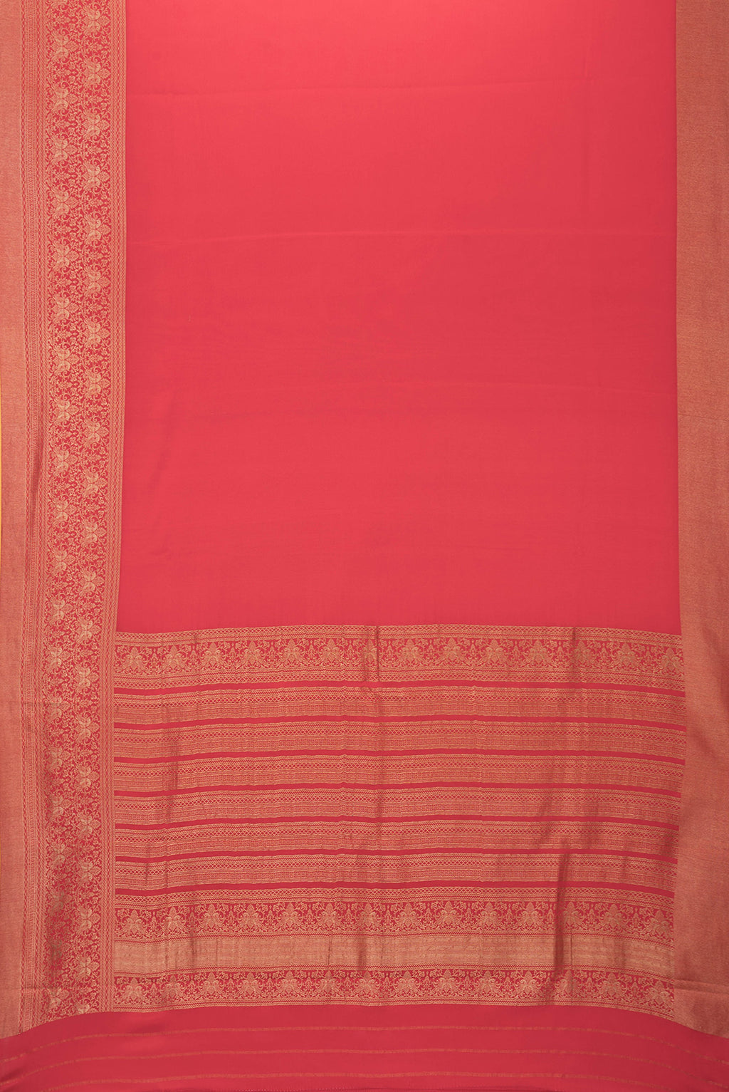 Flat view of Red Dual Tone Mysore Silk Saree with Plain Body and Fancy Border. 