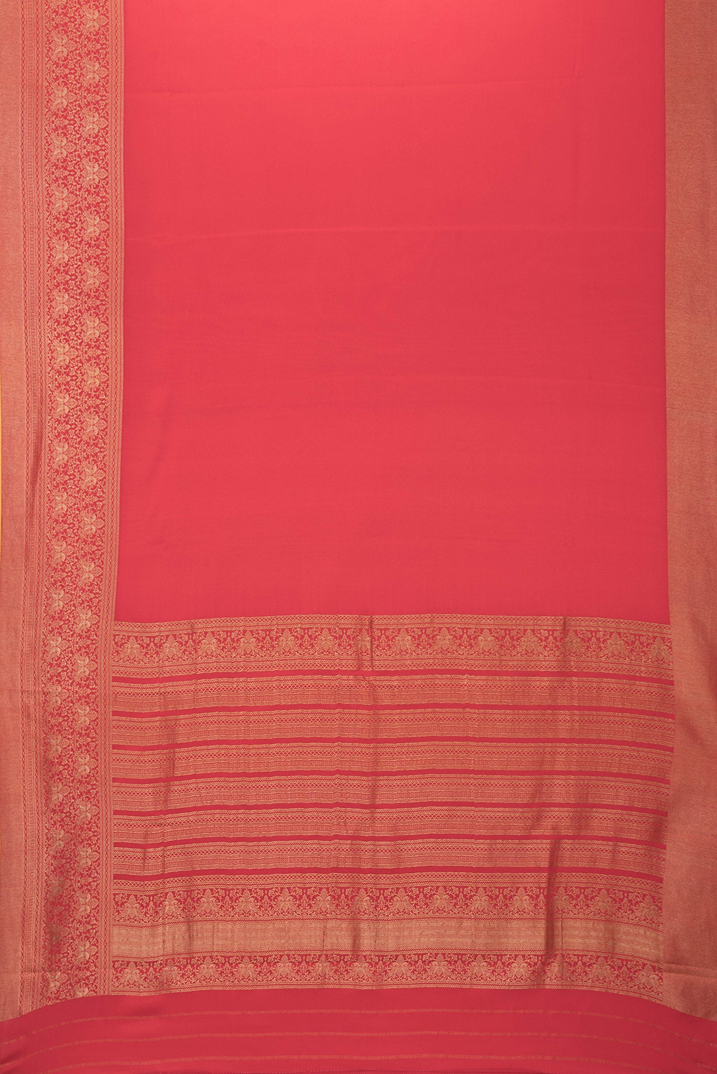 Flat view of Red Dual Tone Mysore Silk Saree with Plain Body and Fancy Border. 