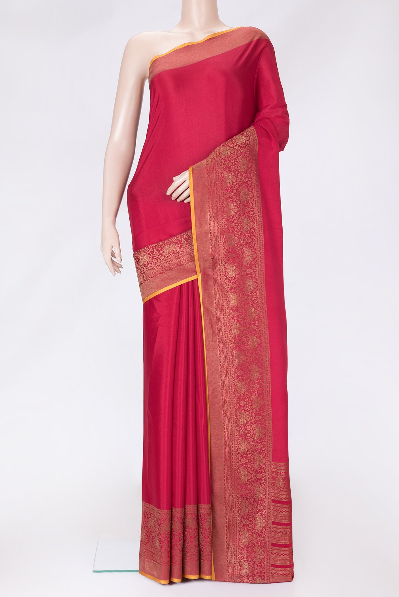 Pink Dual Tone Mysore Silk Saree with Plain Body and Fancy Border.  displayed on a mannequin