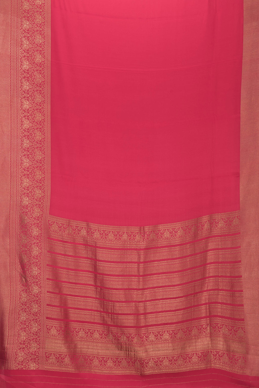 Flat view of Pink Dual Tone Mysore Silk Saree with Plain Body and Fancy Border. 