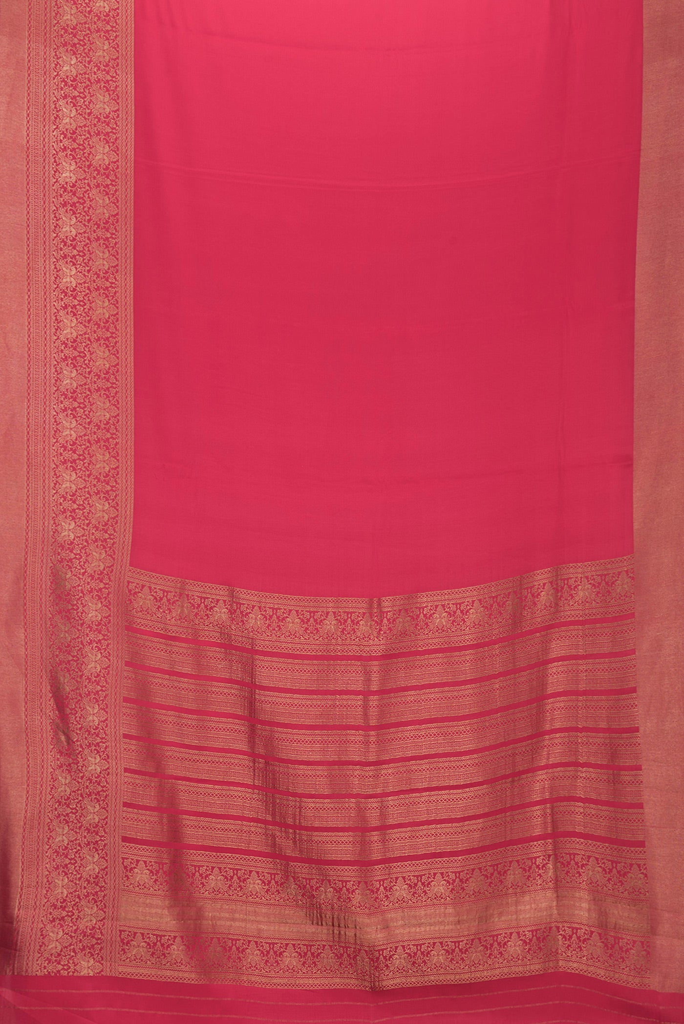 Flat view of Pink Dual Tone Mysore Silk Saree with Plain Body and Fancy Border. 