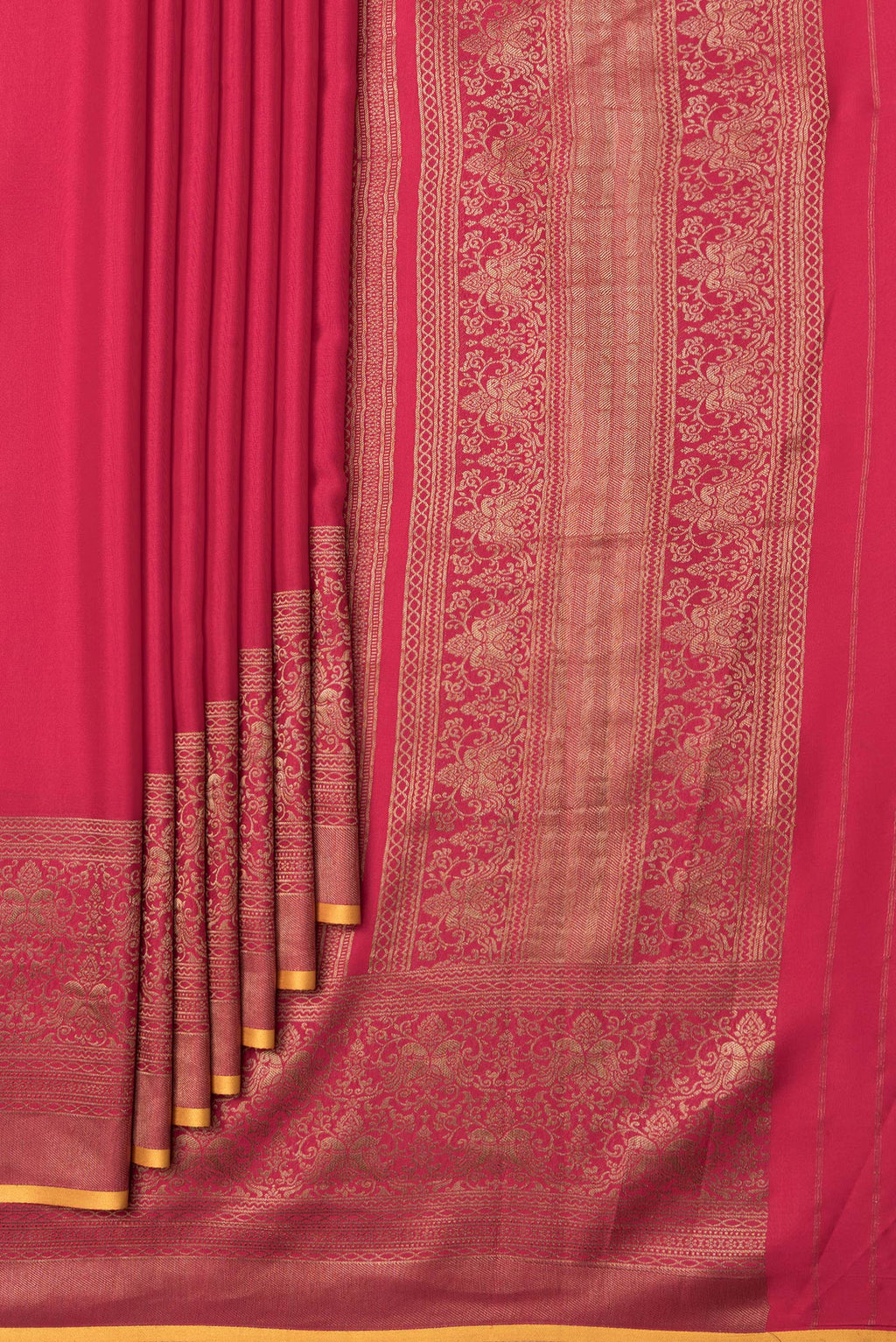 Pleats and pallu of Pink Dual Tone Mysore Silk Saree with Plain Body and Fancy Border. 