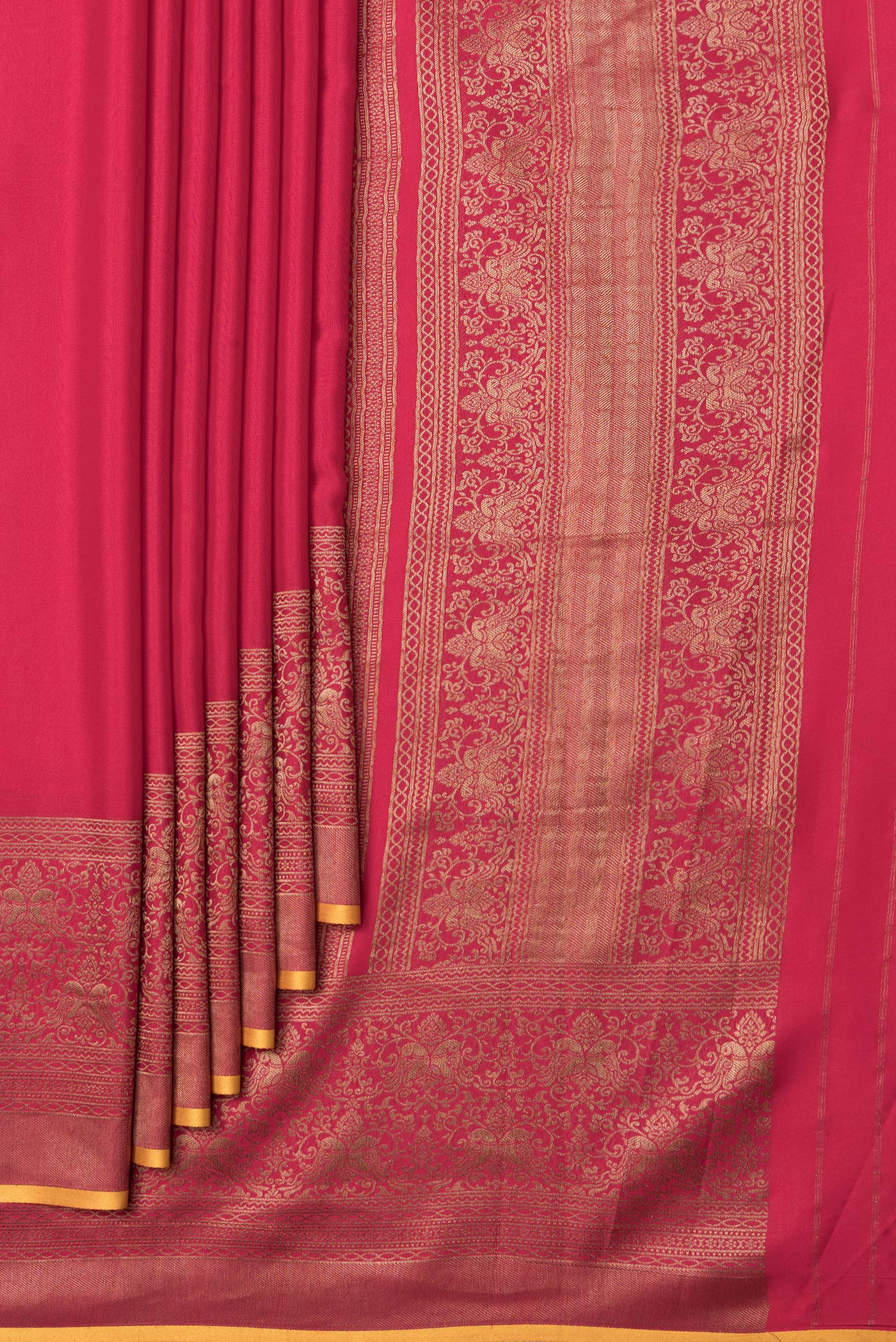 Pleats and pallu of Pink Dual Tone Mysore Silk Saree with Plain Body and Fancy Border. 