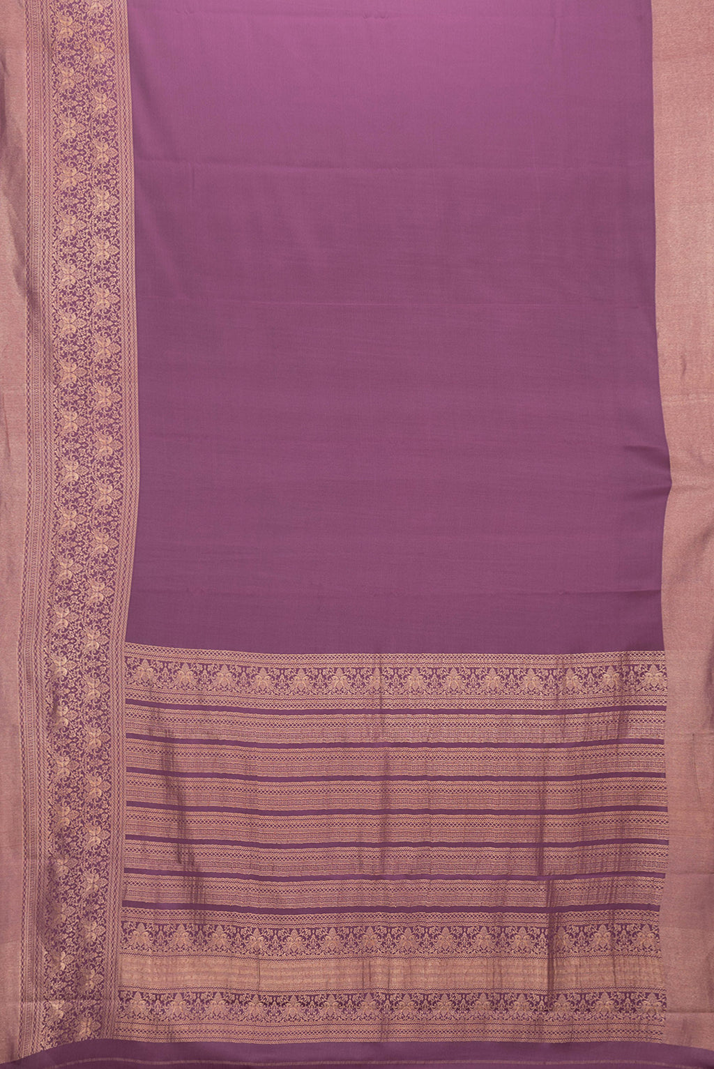 Flat view of Burgundy Dual Tone Mysore Silk Saree with Plain Body and Zari Border. 