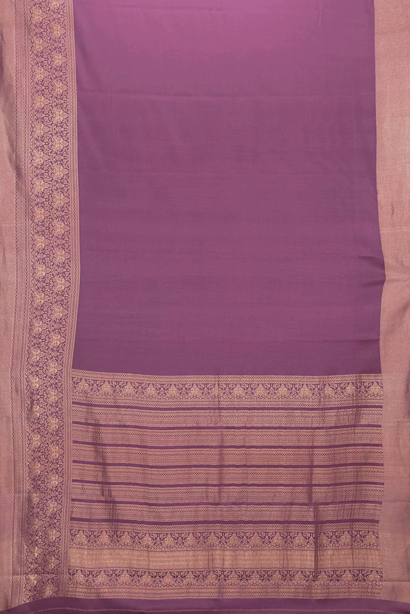 Flat view of Burgundy Dual Tone Mysore Silk Saree with Plain Body and Zari Border. 