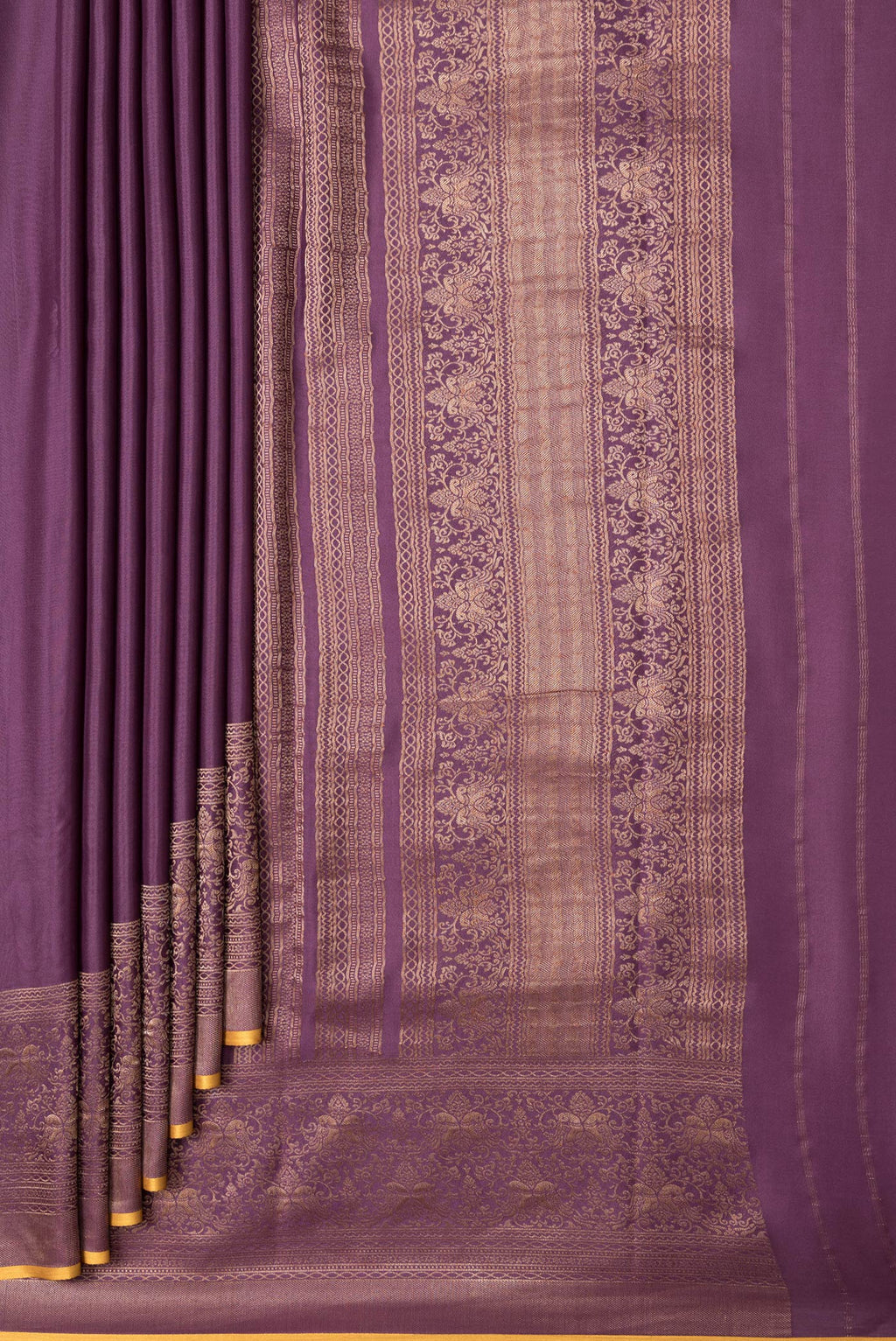Pleats and pallu of Burgundy Dual Tone Mysore Silk Saree with Plain Body and Zari Border. 