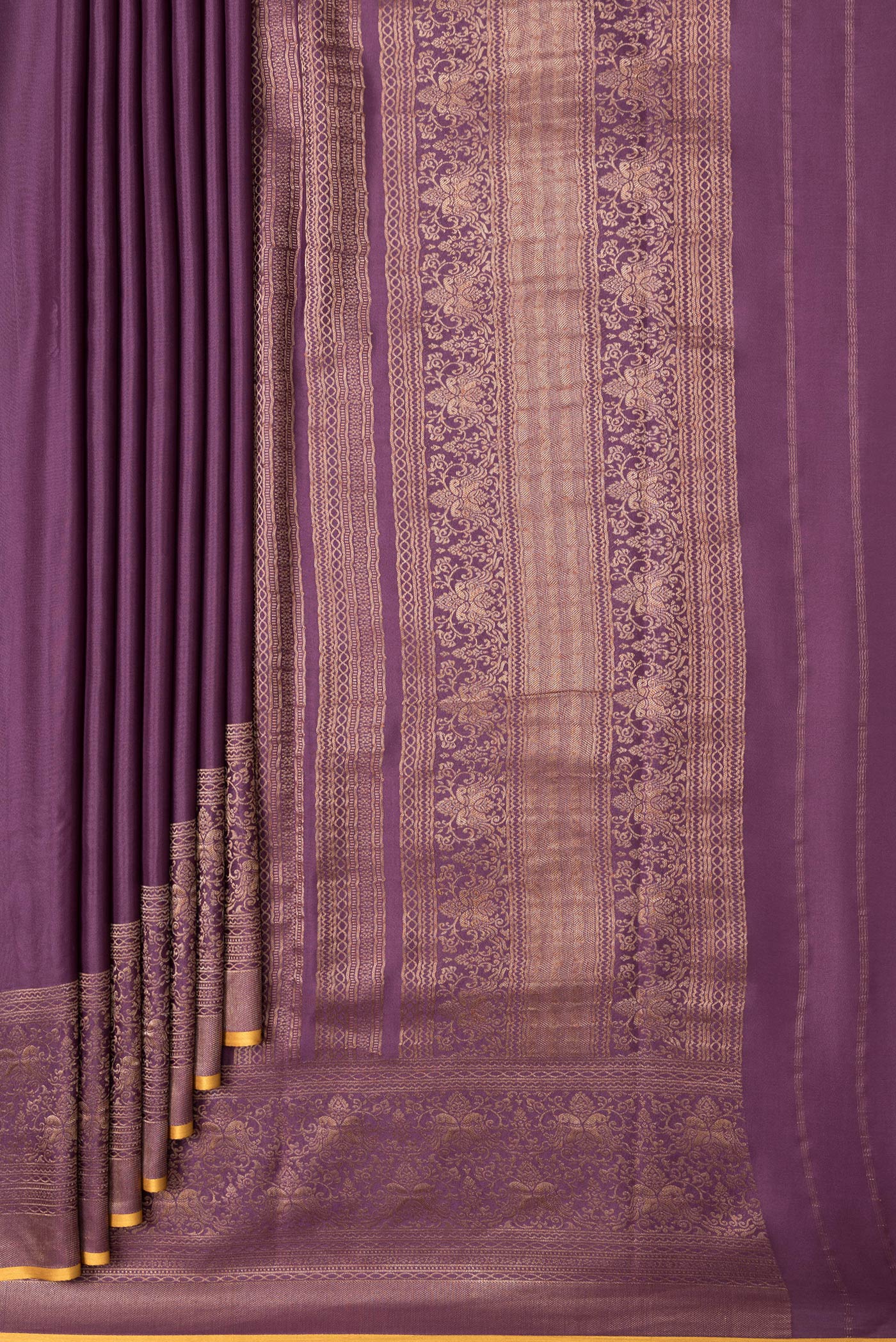 Pleats and pallu of Burgundy Dual Tone Mysore Silk Saree with Plain Body and Zari Border. 