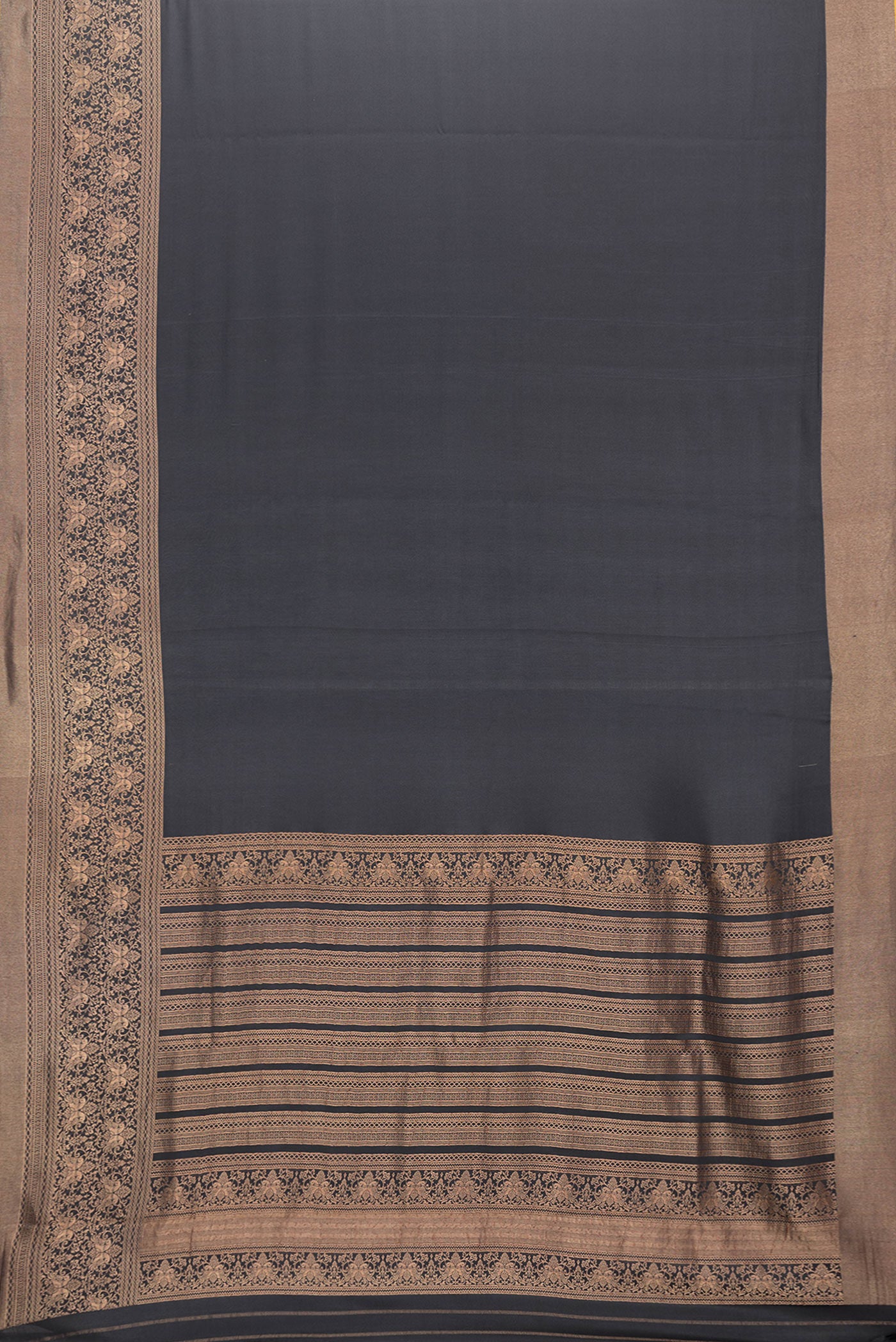 Flat view of Black Dual Tone Mysore Silk Saree with Zari Butta on the body and Zari Border. 