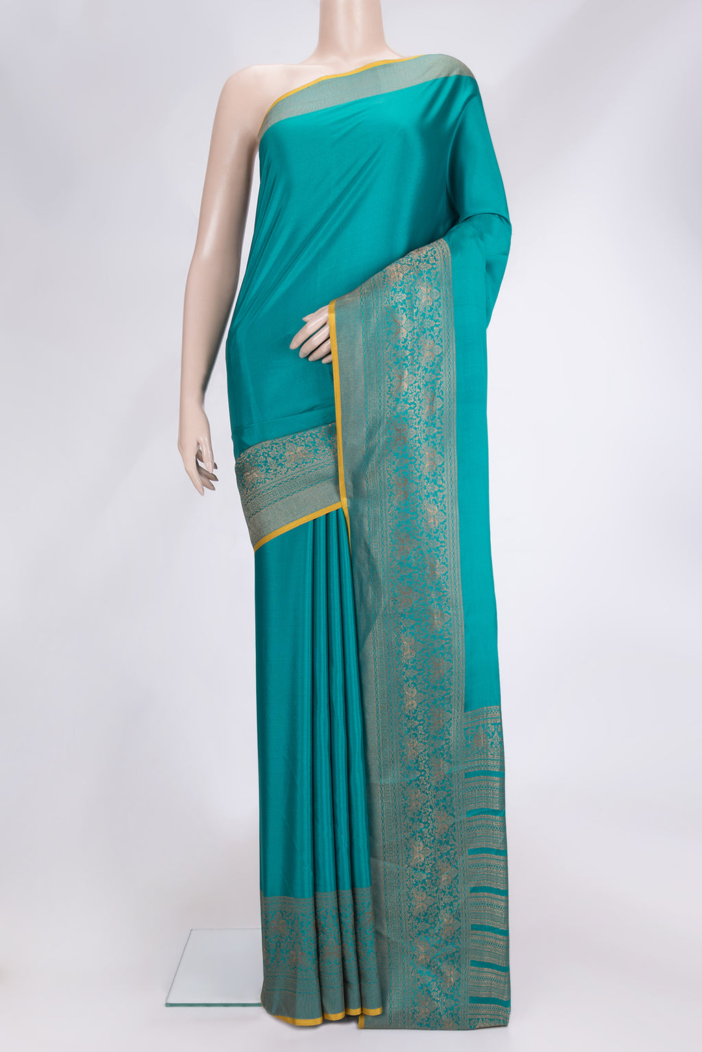 Sky Blue Dual Tone Mysore Silk Saree with Plain Body and Zari Border.  displayed on a mannequin
