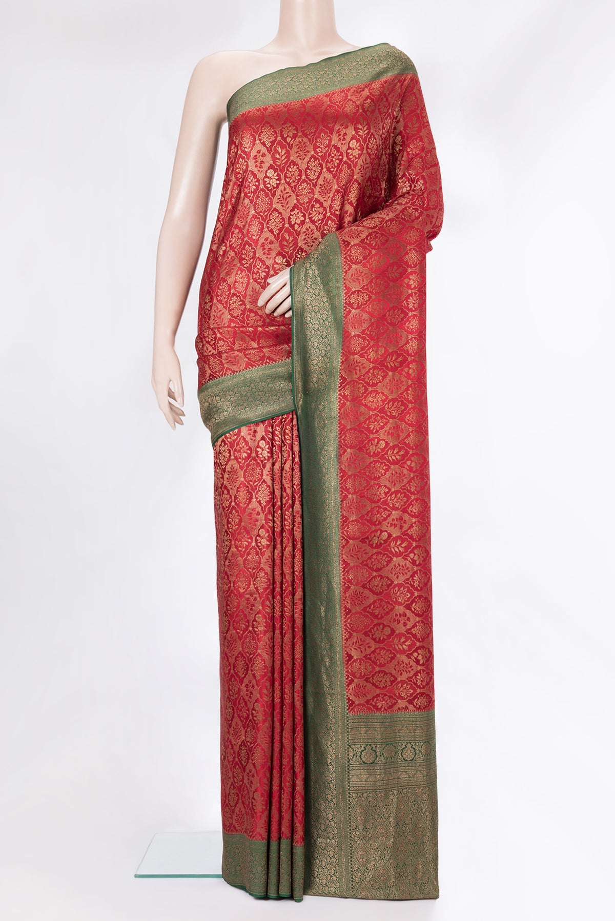Maroon Dual Tone Banarasi Georgette Saree with Zari Brocade on the body and Zari Border.  displayed on a mannequin