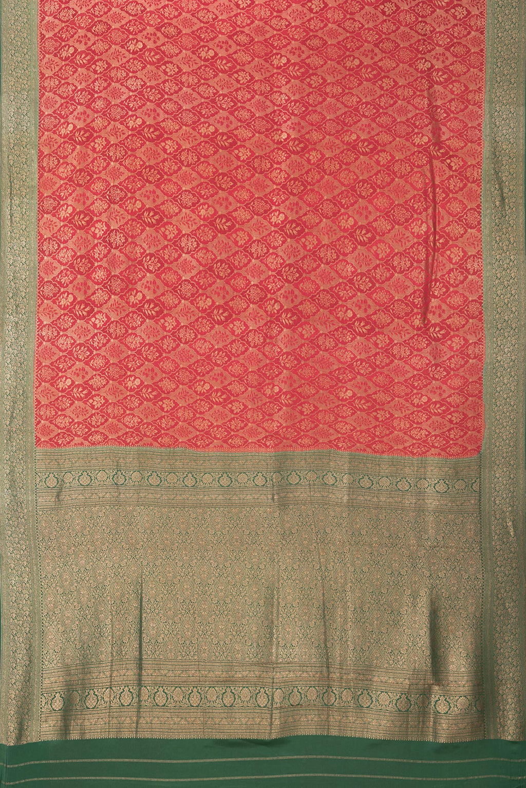 Flat view of Maroon Dual Tone Banarasi Georgette Saree with Zari Brocade on the body and Zari Border. 