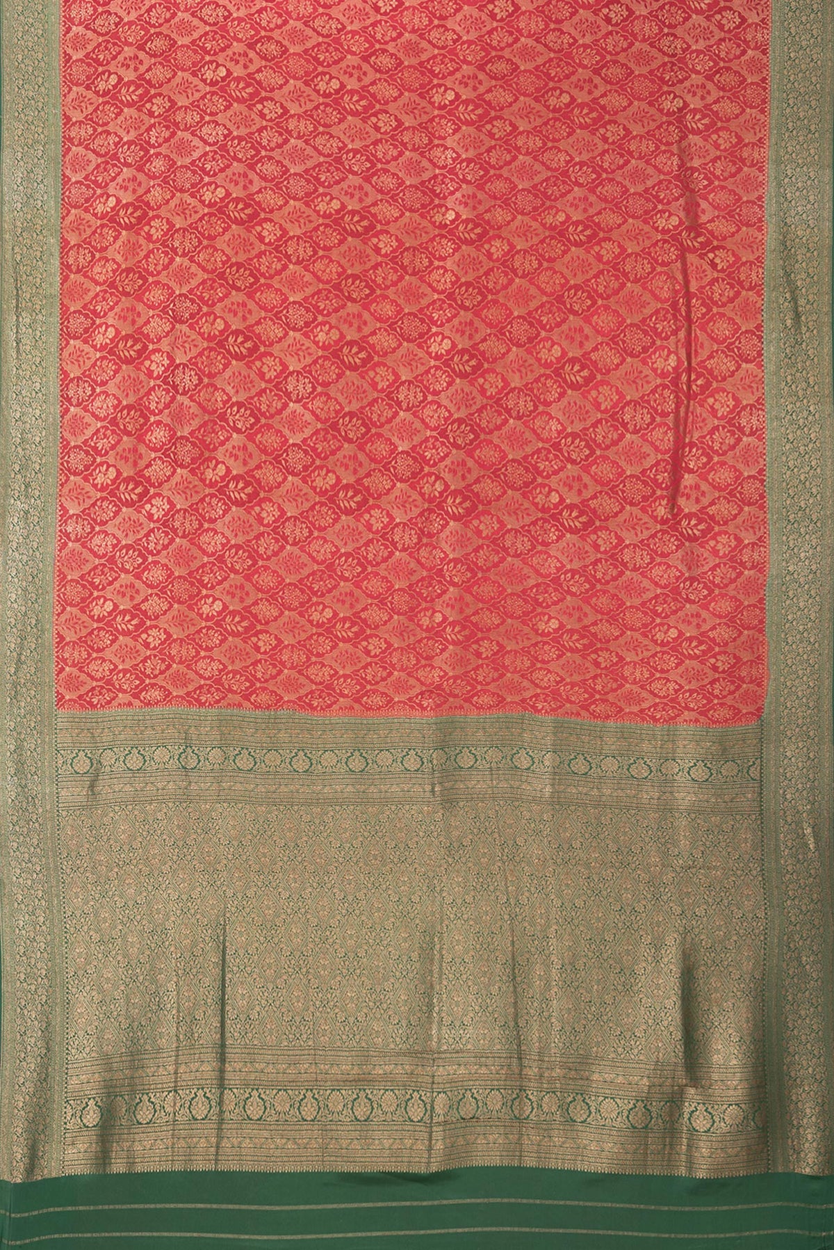 Flat view of Maroon Dual Tone Banarasi Georgette Saree with Zari Brocade on the body and Zari Border. 