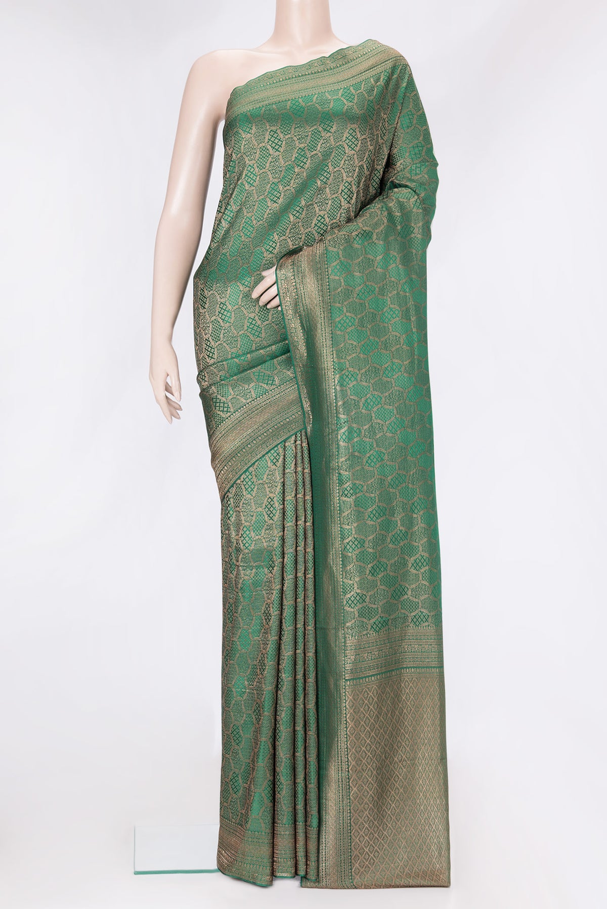 Bottle Green Dual Tone Georgette Saree with Zari Brocade on the body and Zari Border.  displayed on a mannequin