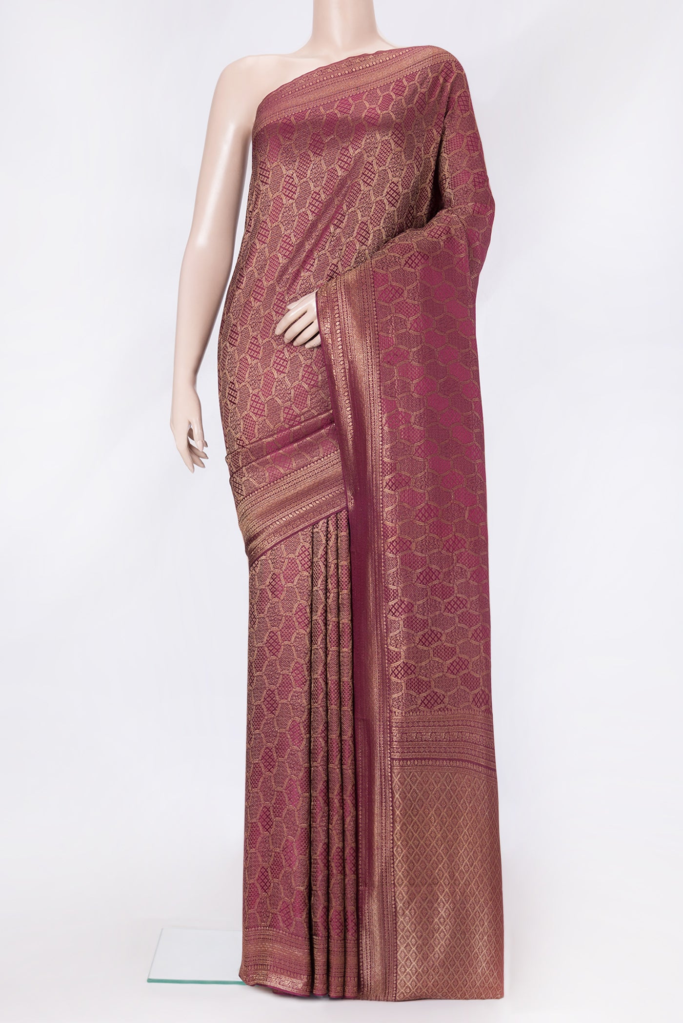 Magenta Dual Tone Mysore Georgette Saree with Zari Brocade on the body and Zari Border.  displayed on a mannequin