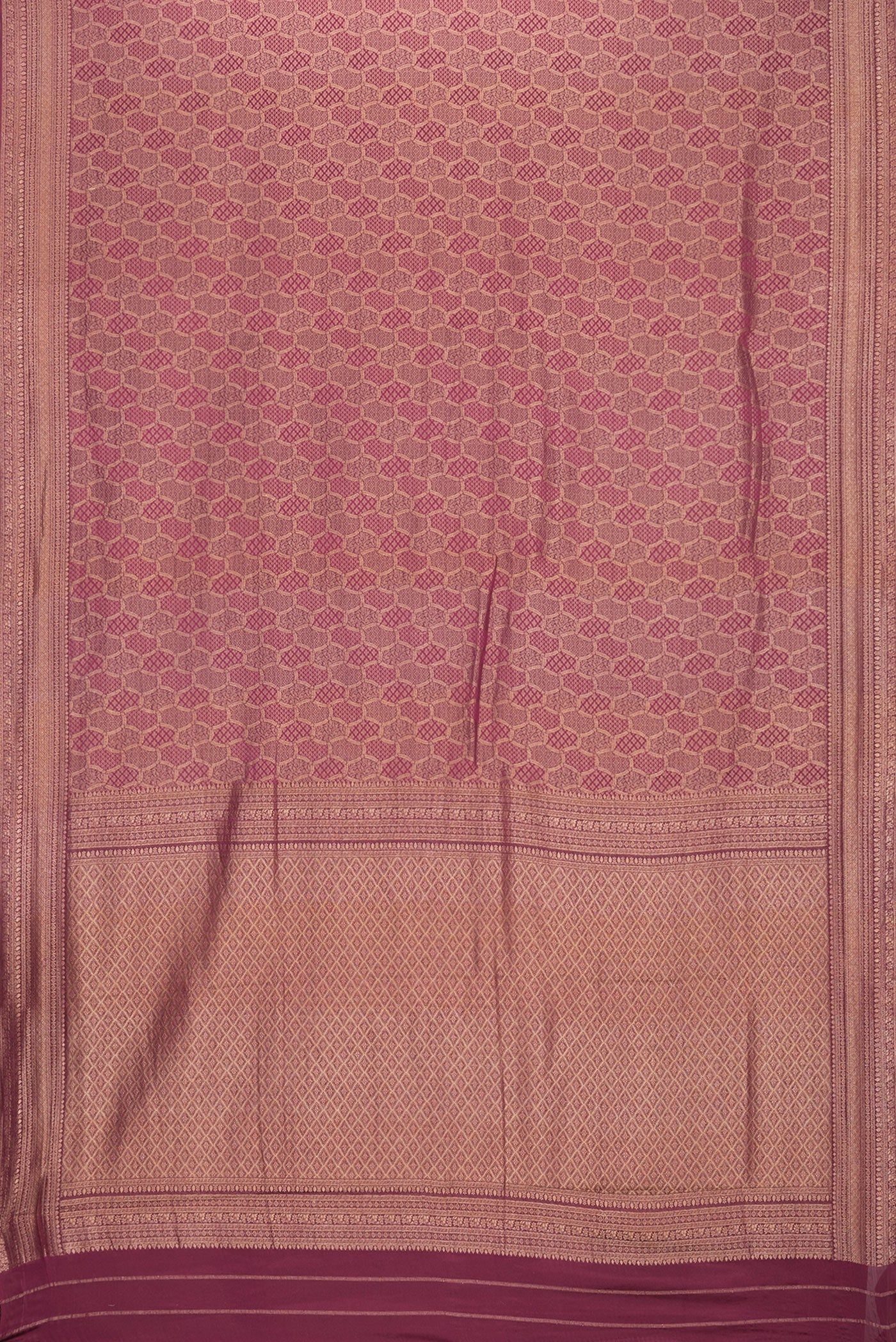 Flat view of Magenta Dual Tone Mysore Georgette Saree with Zari Brocade on the body and Zari Border. 