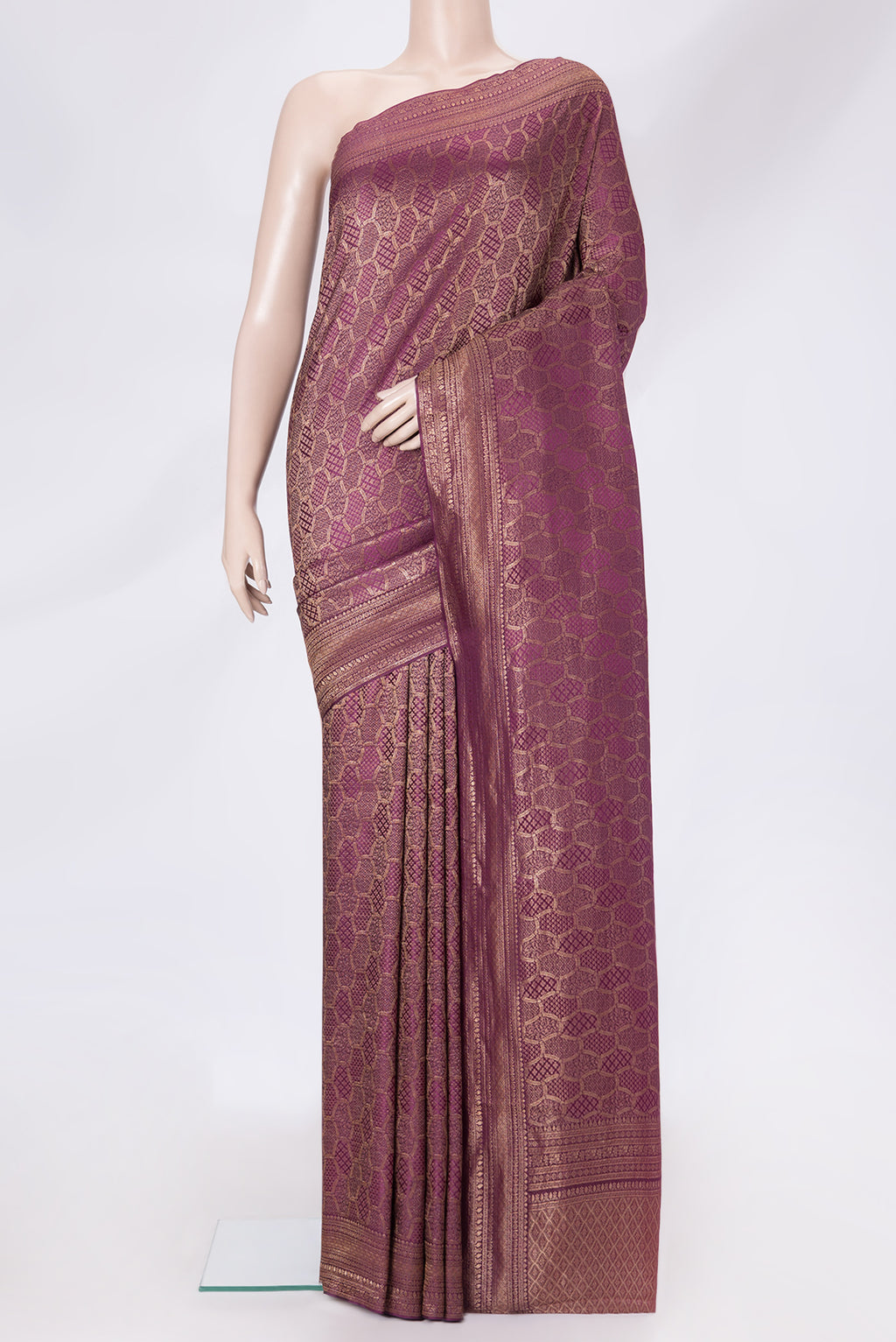 Purple Dual Tone Mysore Georgette Saree with Zari Brocade on the body and Zari Border.  displayed on a mannequin