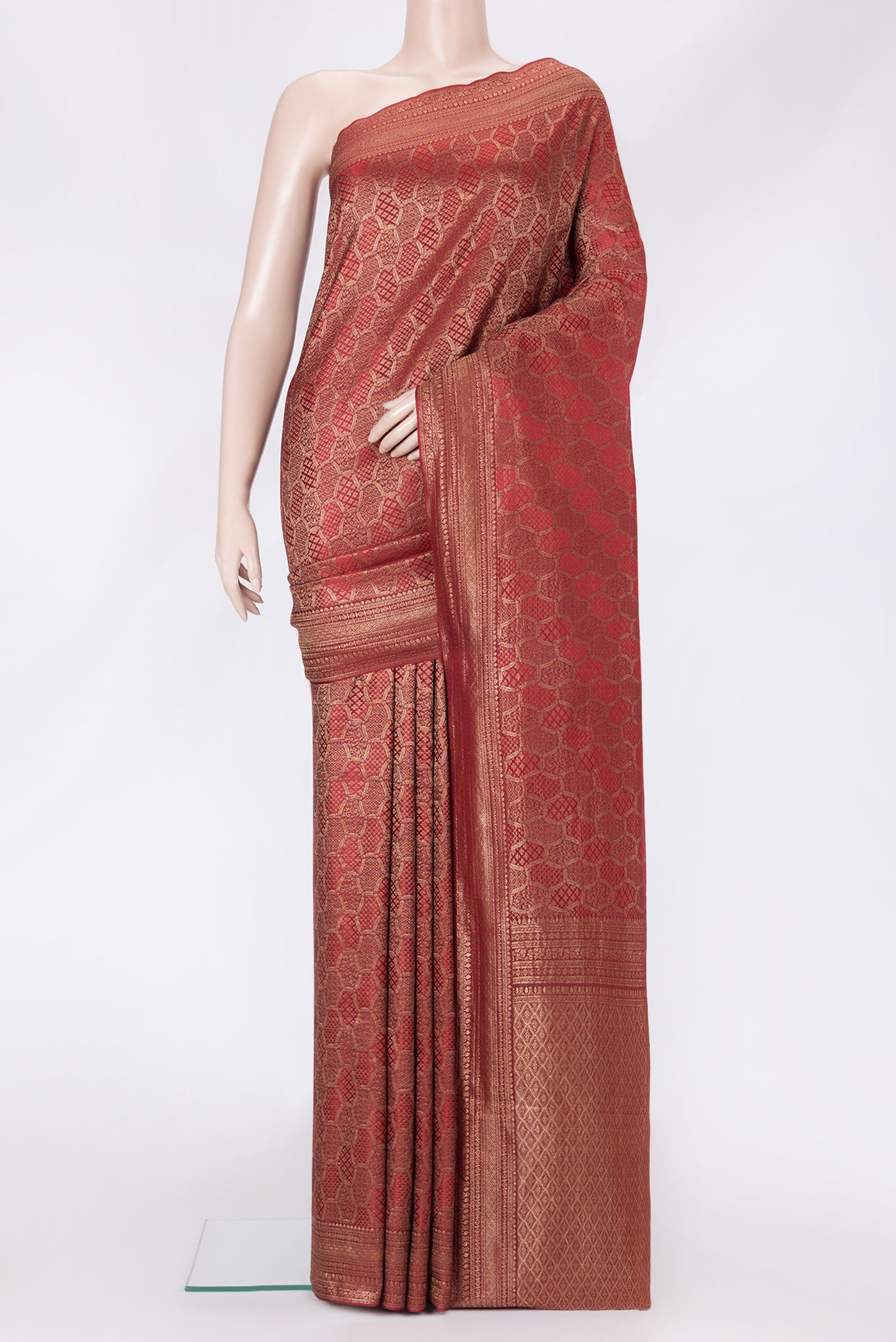 Maroon Dual Tone Mysore Georgette Saree with Zari Brocade on the body and Zari Border.  displayed on a mannequin