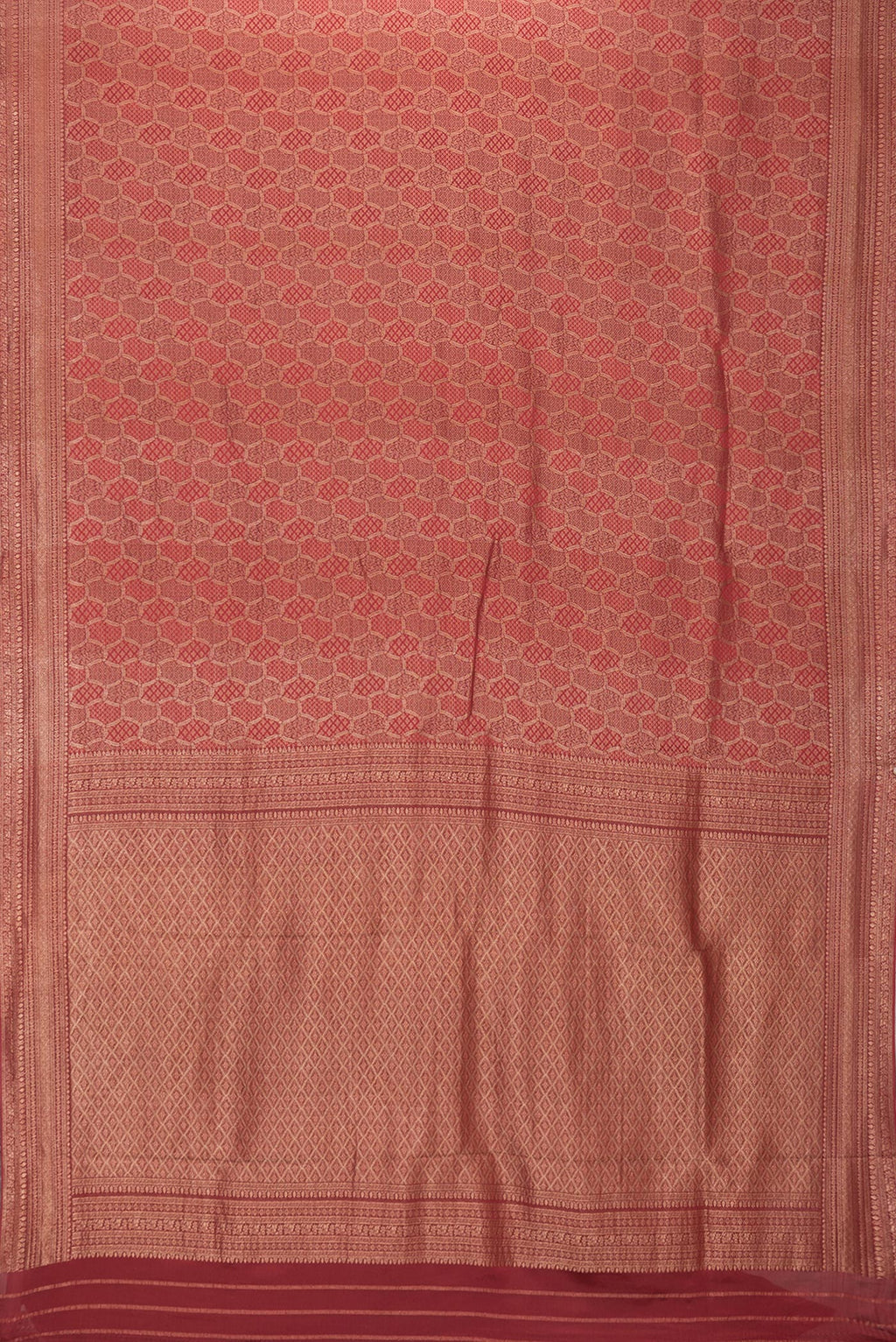 Flat view of Maroon Dual Tone Mysore Georgette Saree with Zari Brocade on the body and Zari Border. 