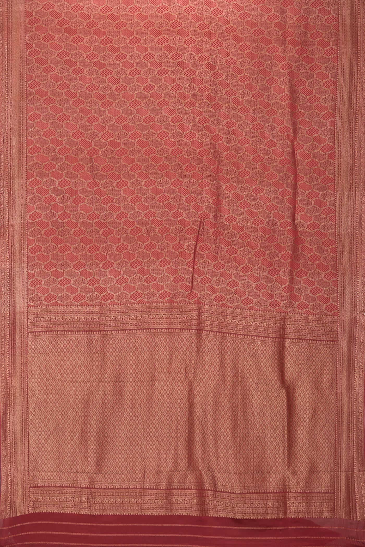 Flat view of Maroon Dual Tone Mysore Georgette Saree with Zari Brocade on the body and Zari Border. 