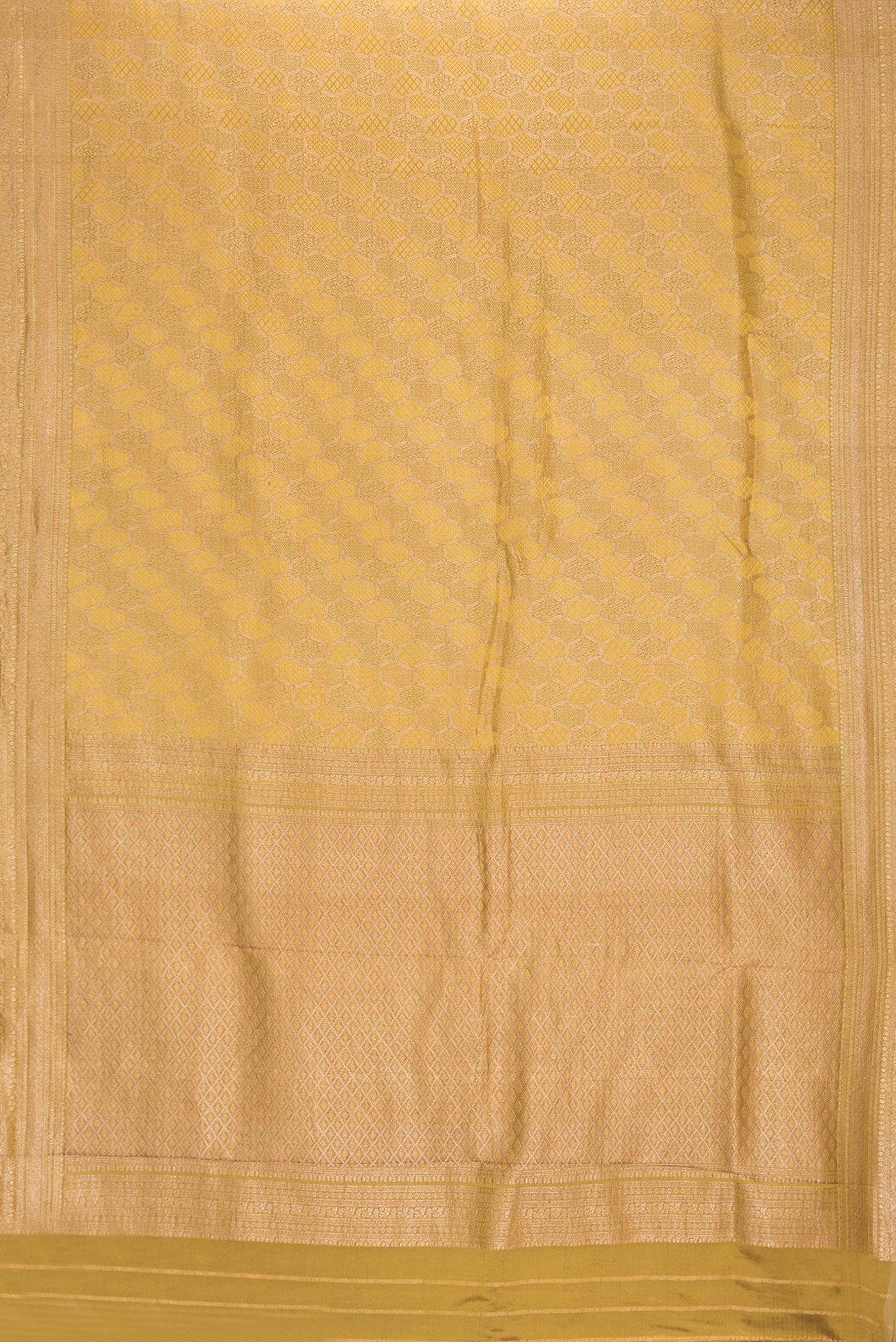 Flat view of Mehandi Green Dual Tone Mysore Georgette Saree with Zari Brocade on the body and Zari Border. 