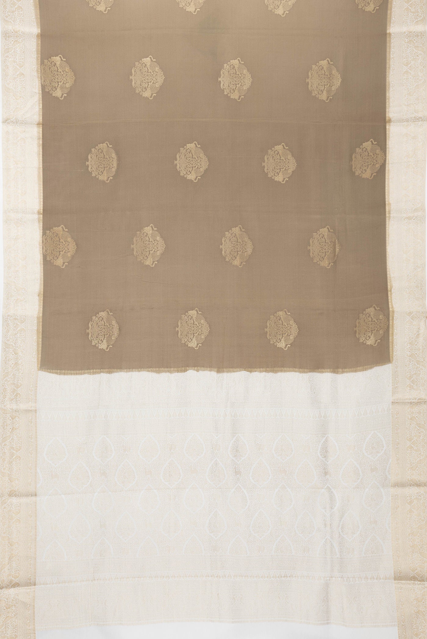 Flat view of Mehandi Green Dual Tone Mysore Silk Saree with Zari Butta on the body and Zari Border. 