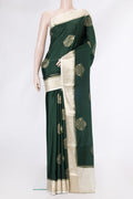 Bottle Green Dual Tone Mysore Silk Saree with Zari Butta on the body and Zari Border.  displayed on a mannequin
