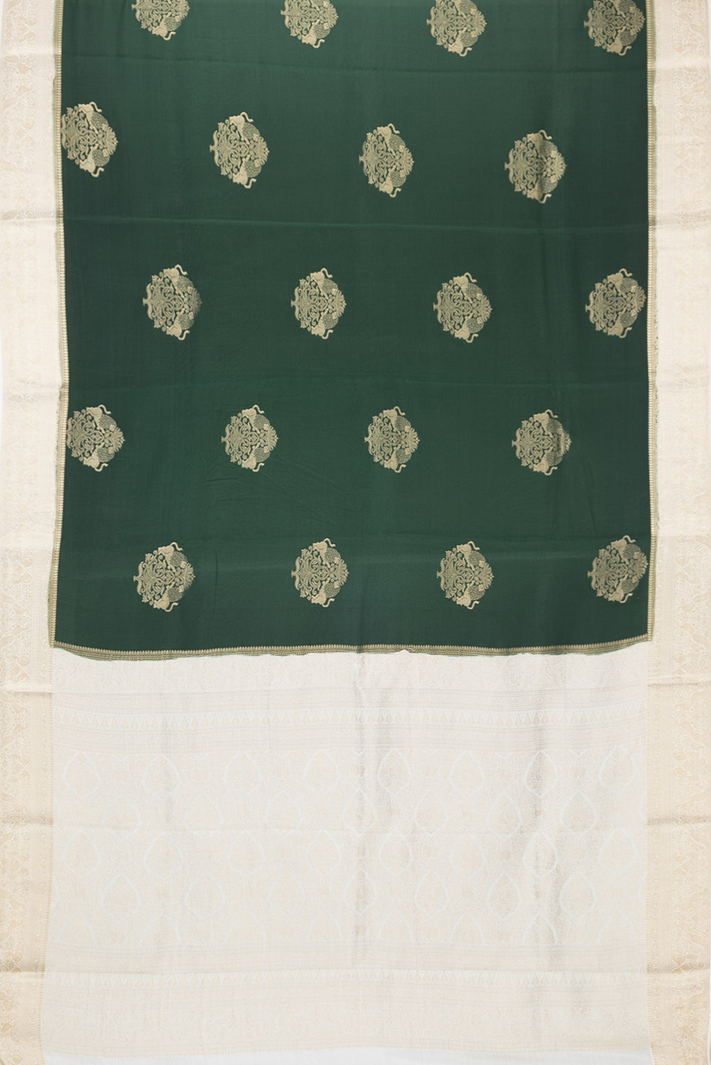 Flat view of Bottle Green Dual Tone Mysore Silk Saree with Zari Butta on the body and Zari Border. 